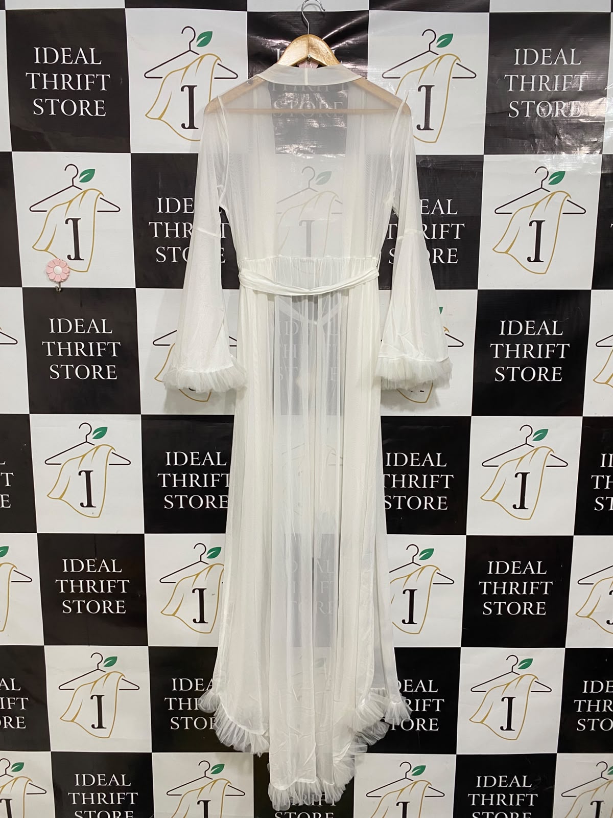 |S| BUST 18| A42| WHITE SHEER MESH RUFFLE-TRIMMED UTILITY KIMONO ROBE