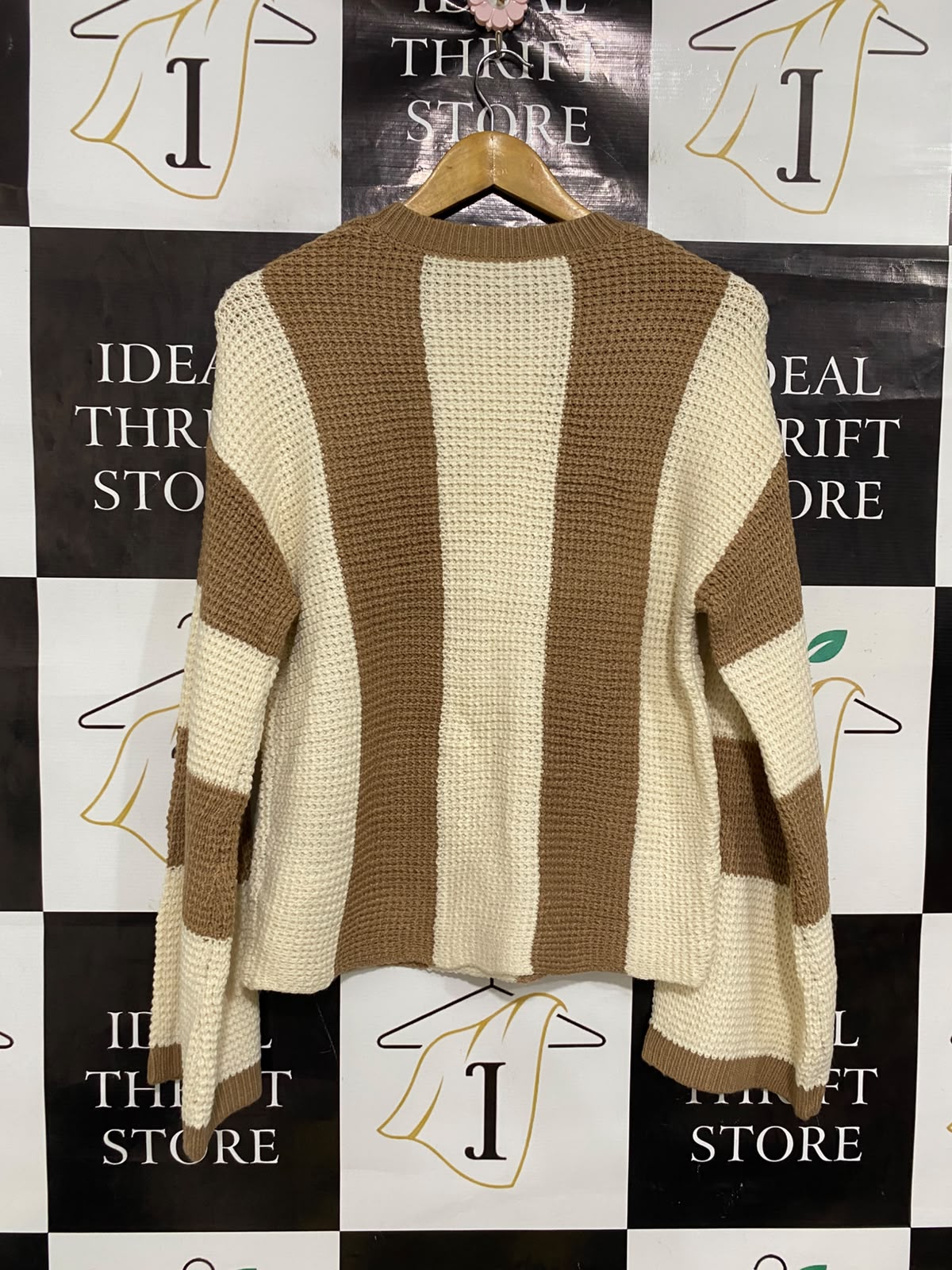 SHEIN |M| BUST 19| A42| CAMEL AND CREAM VERTICAL STRIPED WAFFLE-KNIT UTILITY SWEATER