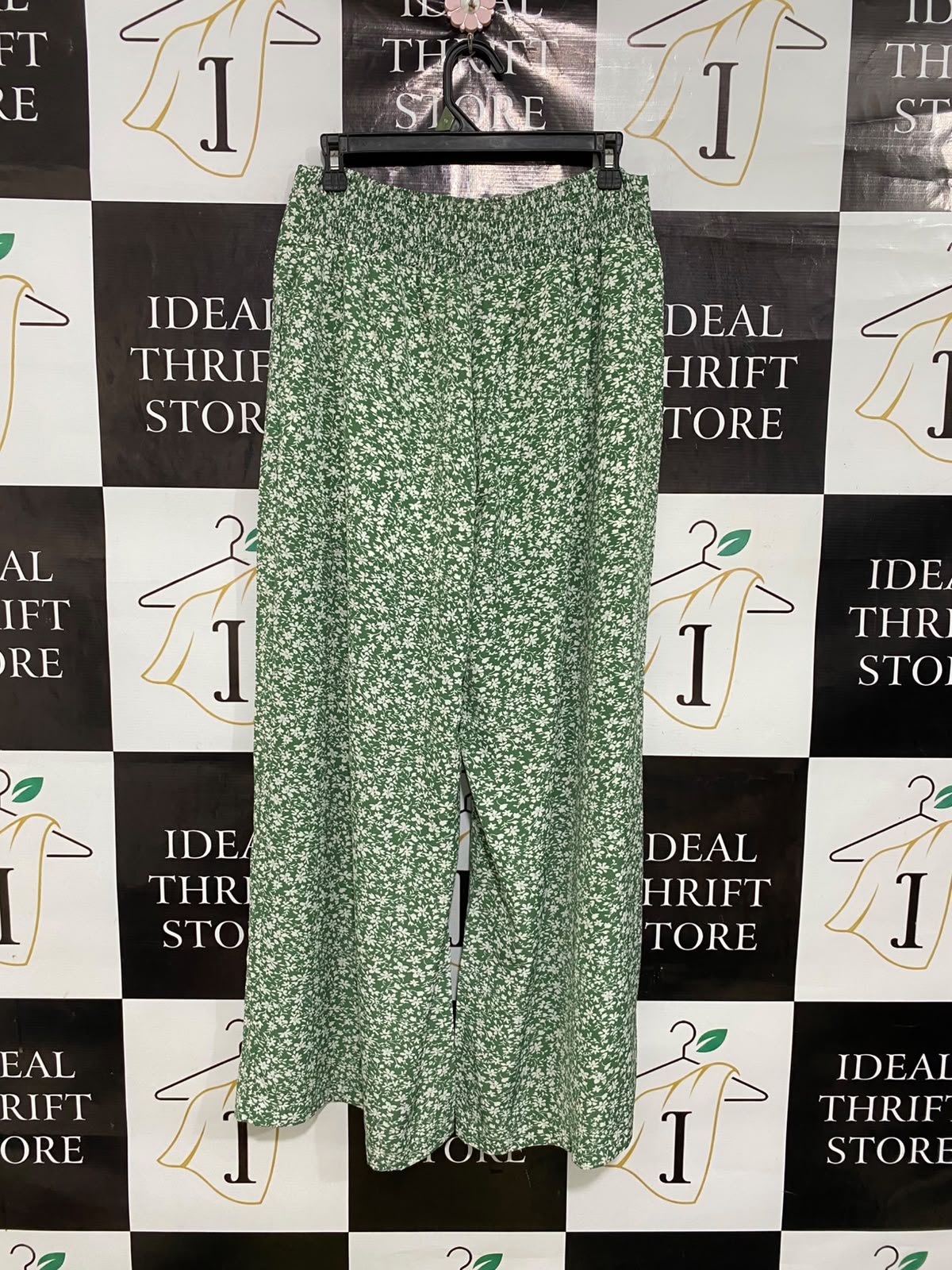 |M| WAIST 28| A42| GREEN & WHITE DITSY FLORAL UTILITY WIDE-LEG PALAZZO PANTS
