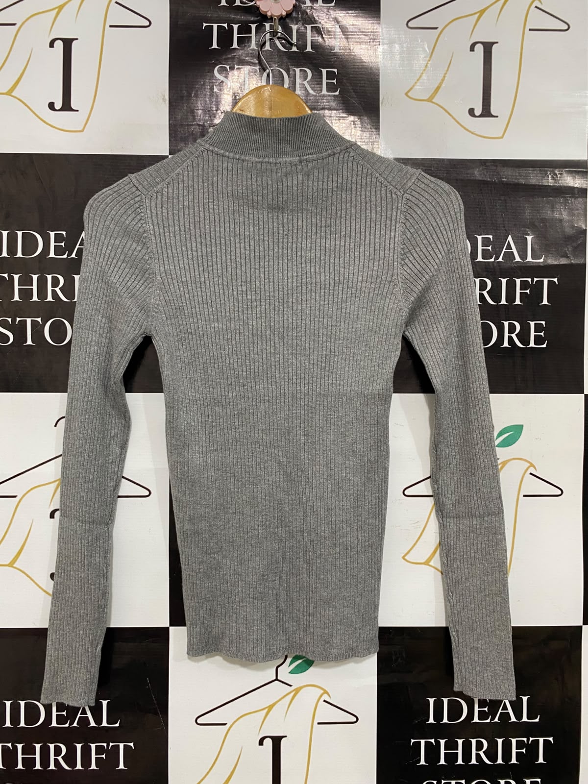 PRIMARK CARES |M| BUST 12| A42| GREY RIBBED MOCK-NECK LONG-SLEEVE TOP
