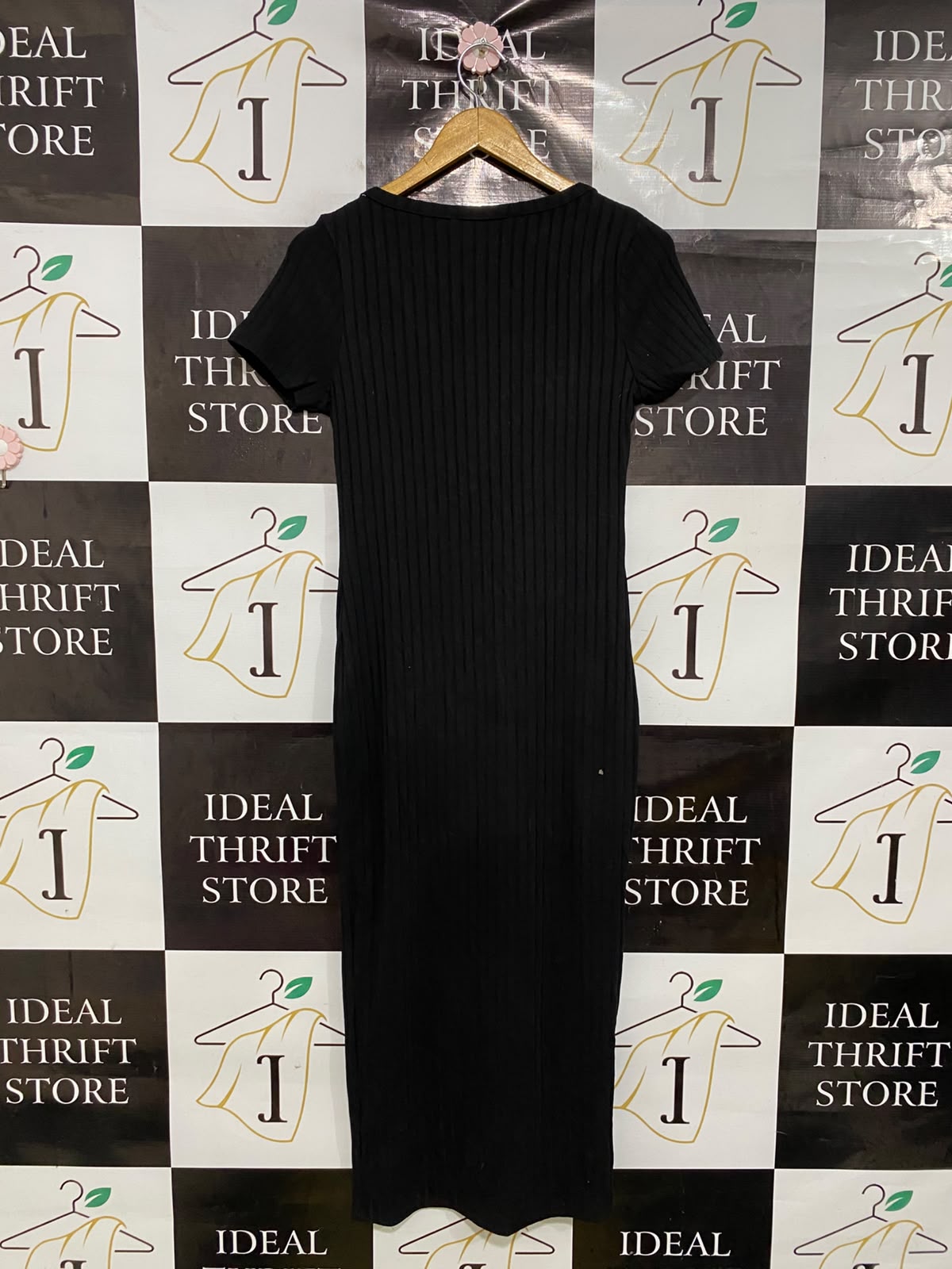 PRIMARK |S| BUST 16| A44| BLACK RIBBED SHORT-SLEEVE BUTTON-PLACKET MIDI UTILITY DRESS