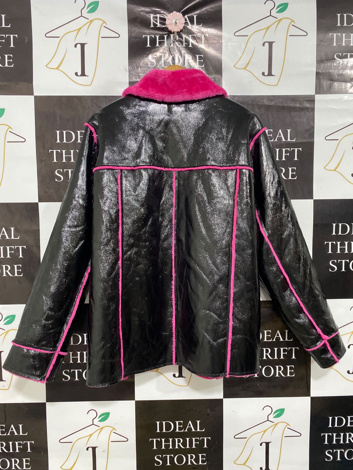 ASOS |S| BUST 24| A43| GLOSSY BLACK & HOT PINK FAUX-SHEARLING UTILITY JACKET