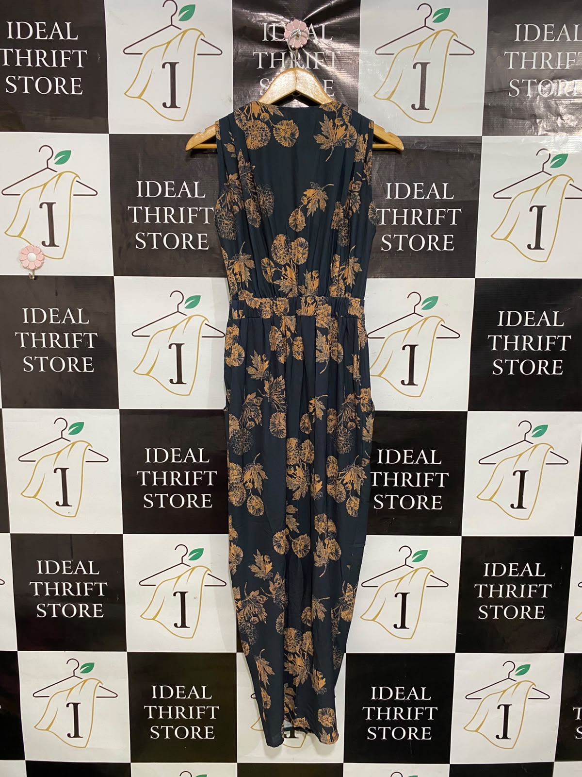 STRIKING |S| BUST 15| A46| NAVY AND MUSTARD FLORAL SLEEVELESS TECHNICAL UTILITY JUMPSUIT