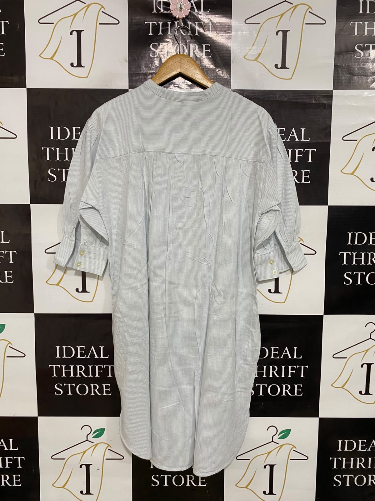 SOUTH BLUE |S| BUST 21| A46| LIGHT BLUE PINSTRIPE STAND-COLLAR TECHNICAL UTILITY TUNIC DRESS