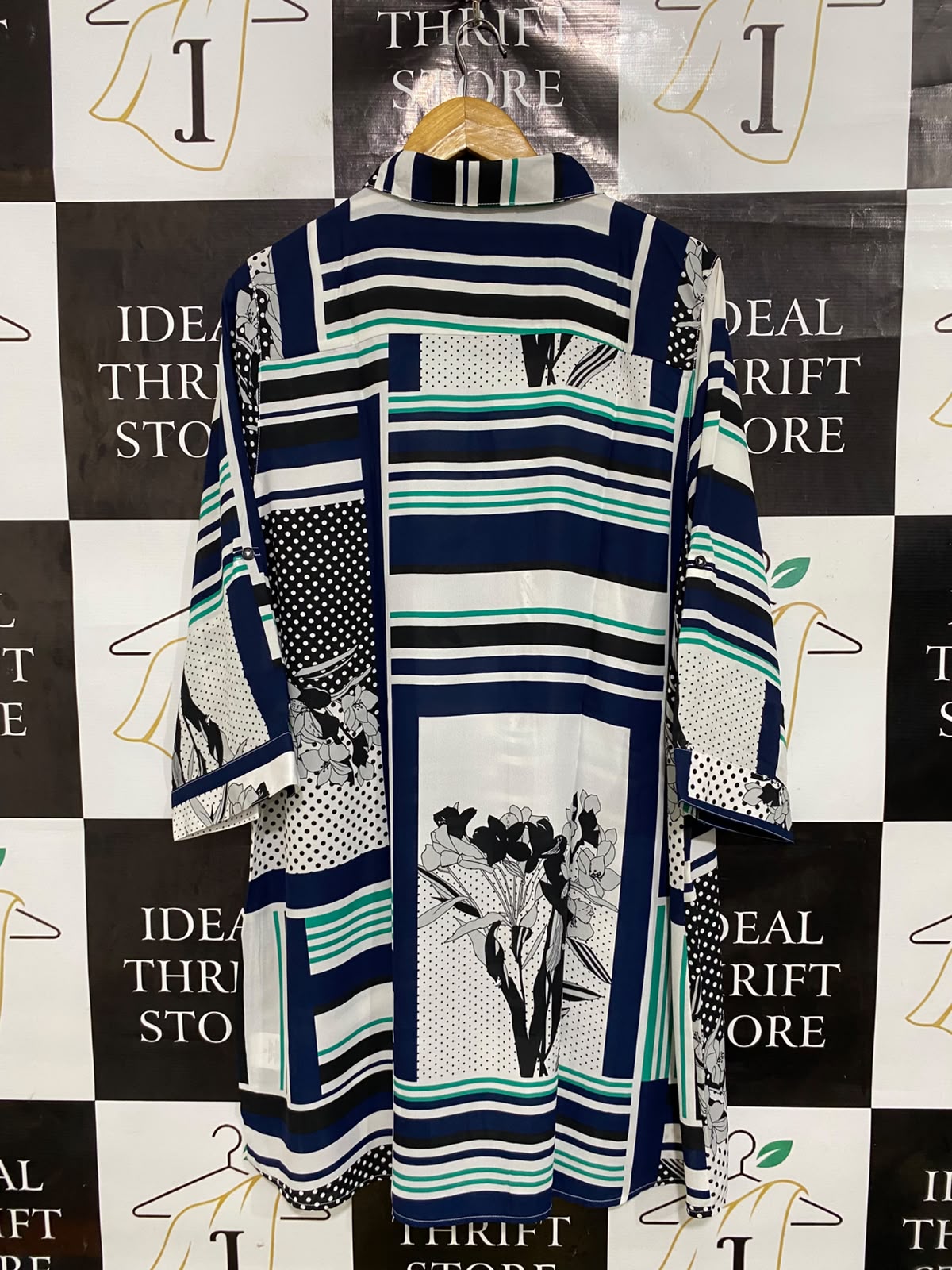 MILLERA |XL| BUST 24| A46| NAVY, WHITE, AND GREEN PATCHWORK PRINT TECHNICAL UTILITY SHIRT DRESS