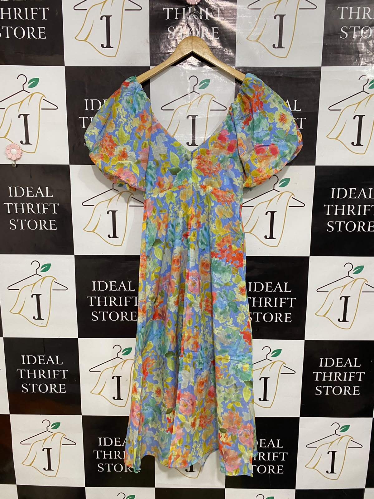 EBBY ANDI |S| BUST 15| A46| BLUE AND MULTICOLOR FLORAL PUFF-SLEEVE TECHNICAL UTILITY MIDI DRESS
