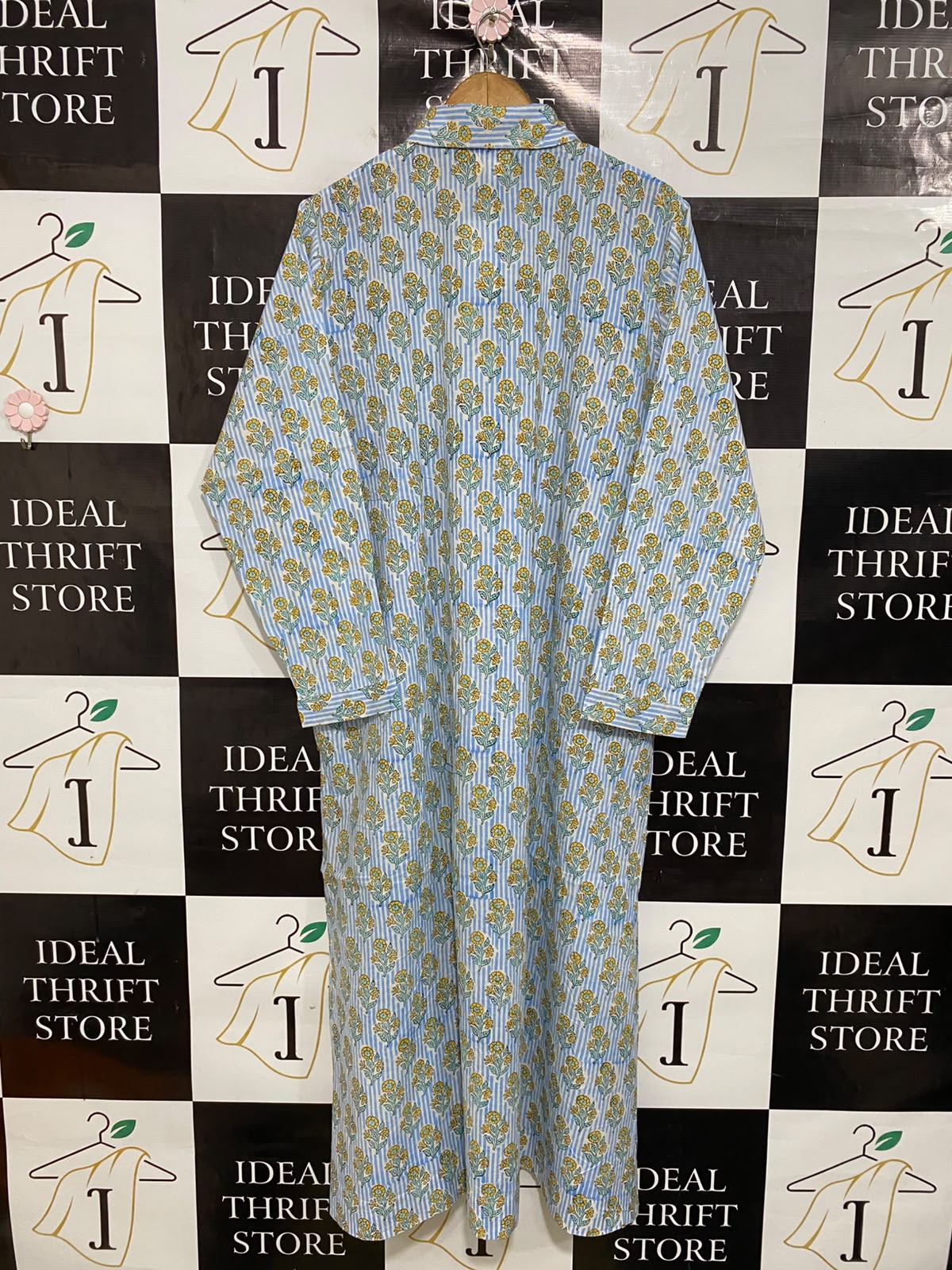 SADHU |M/L| BUST 22| A46| BLUE STRIPED AND YELLOW FLORAL PRINT TECHNICAL UTILITY SHIRT DRESS