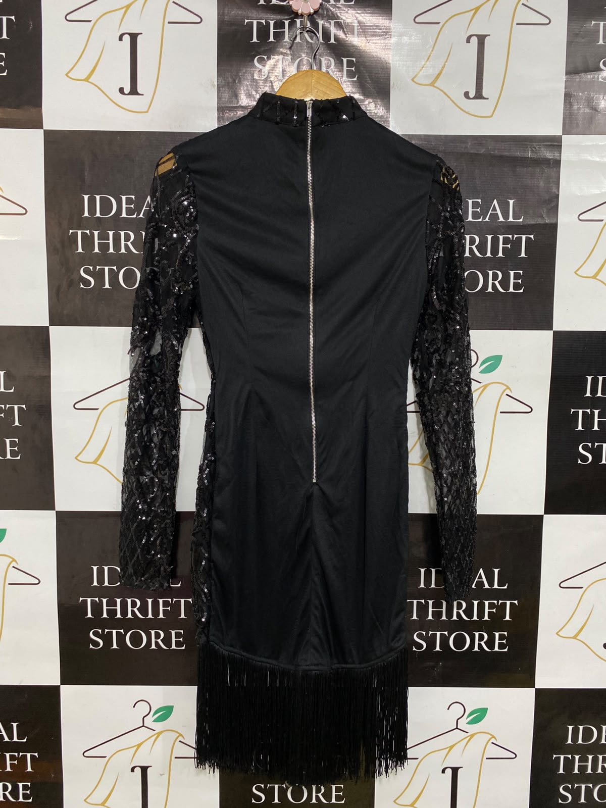 PRETTYLITTLE THING |S| BUST 15| A46| BLACK SEQUIN MOCK-NECK FRINGE TECHNICAL UTILITY MINI DRESS