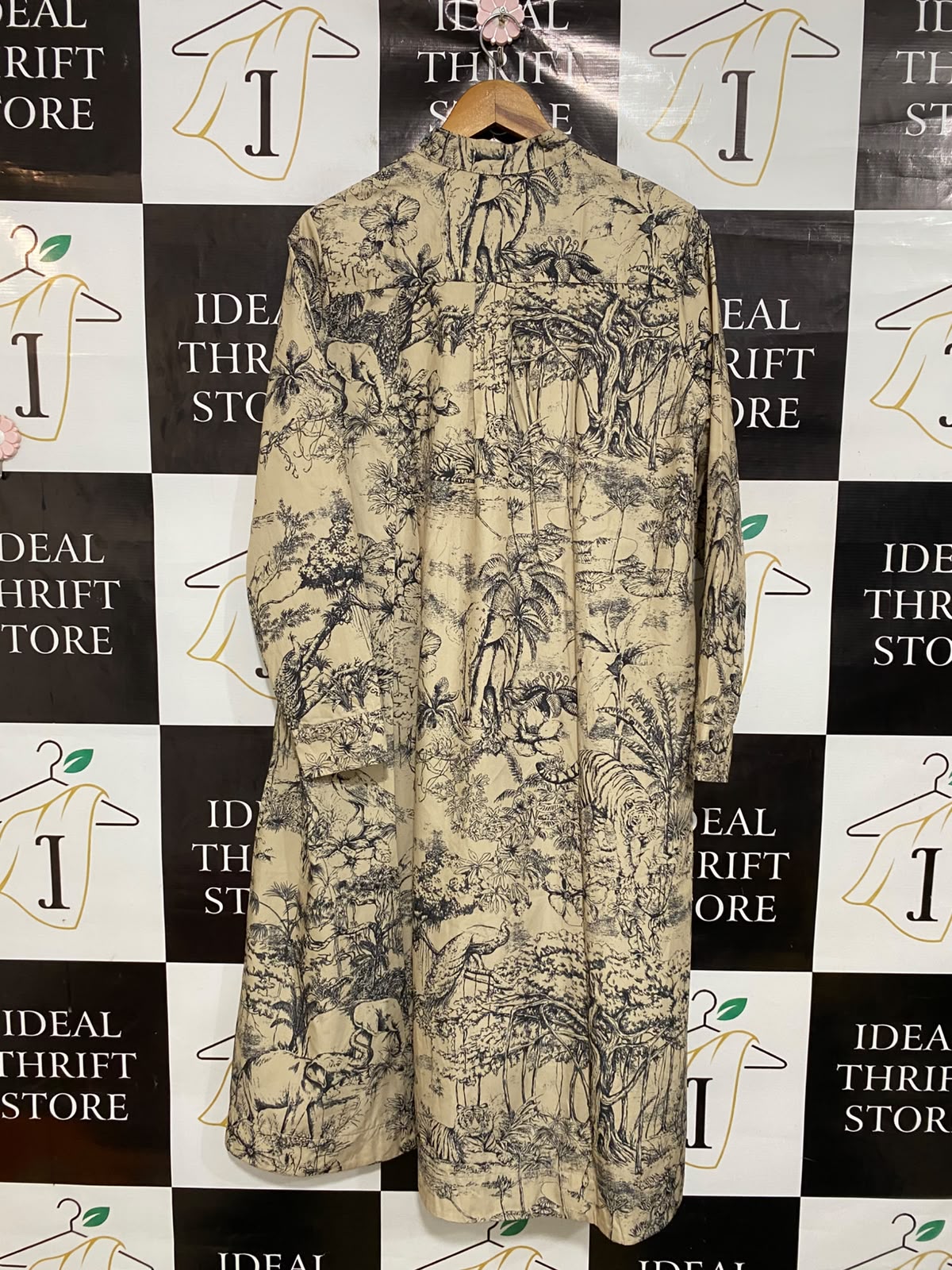 CHRISTIAN DIOR |M| BUST 21| A46| BEIGE AND BLACK TOILE DE JOUY BOTANICAL PRINT TECHNICAL UTILITY SHIRT DRESS