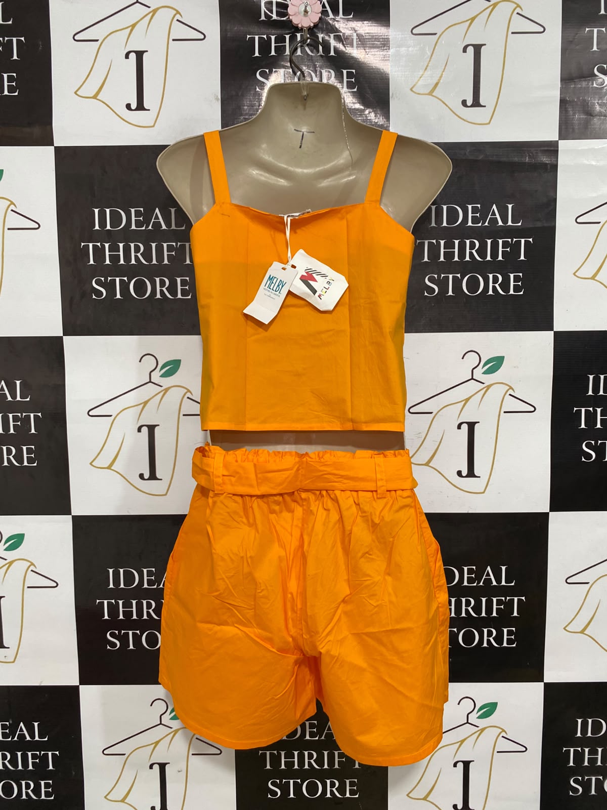 MELBY |S| A46| VIBRANT ORANGE TIE-FRONT CROP TOP AND PAPERBAG SHORTS TECHNICAL UTILITY SET