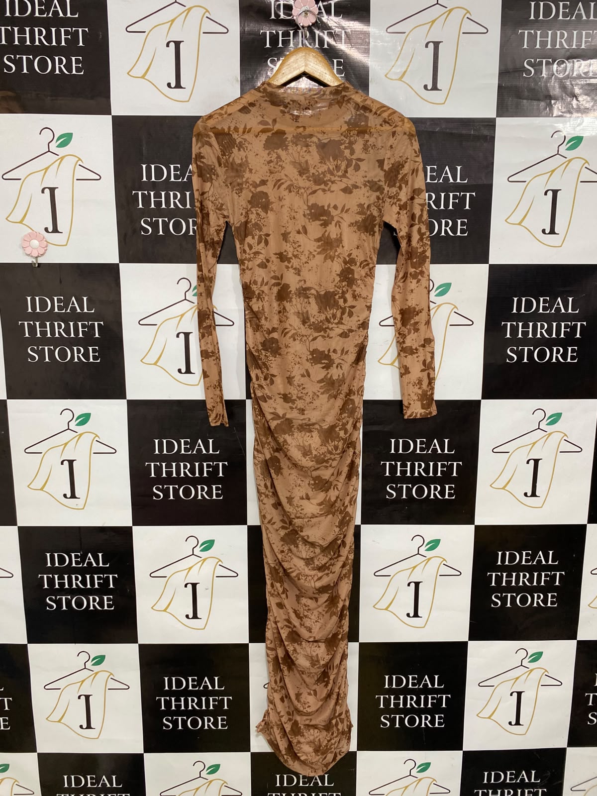 SHEIN |M| BUST 15| A46| BROWN FLORAL MESH RUCHED TECHNICAL UTILITY MIDI DRESS
