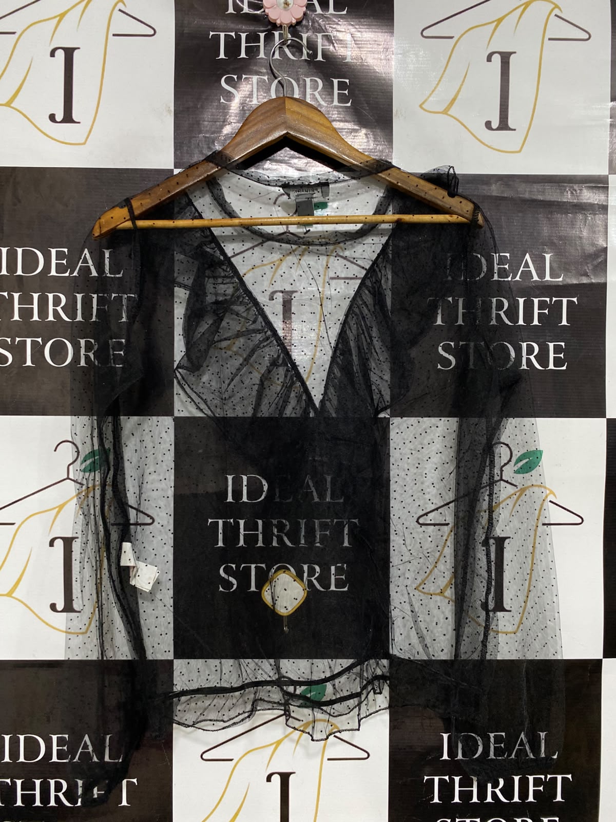 PRIMARK |M| BUST 20| A46| BLACK SHEER MESH RUFFLE-TRIM TECHNICAL UTILITY BLOUSE