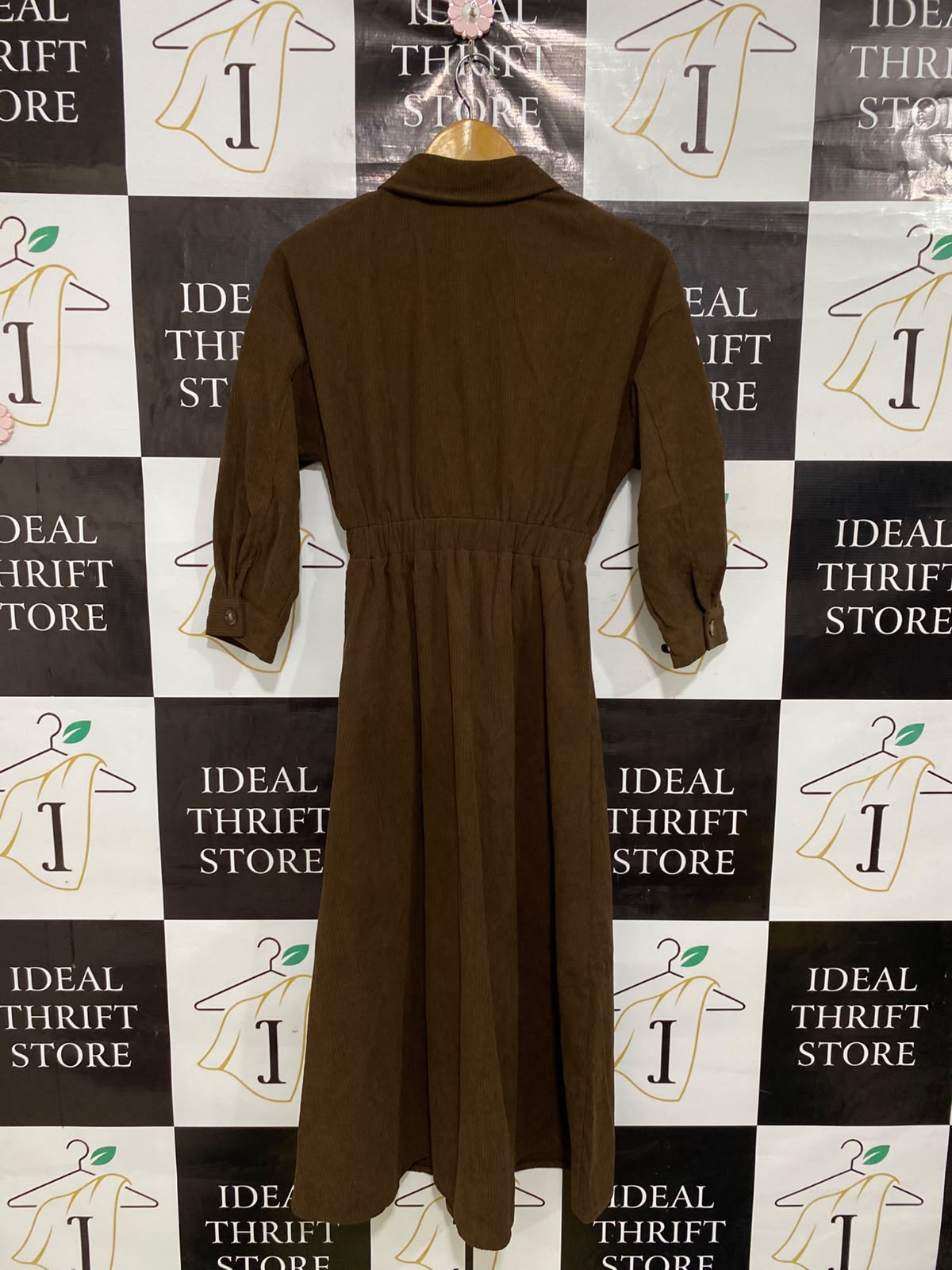 SHEIN |S| BUST 17| A46| BROWN CORDUROY COLLARED TECHNICAL UTILITY MIDI SHIRT DRESS