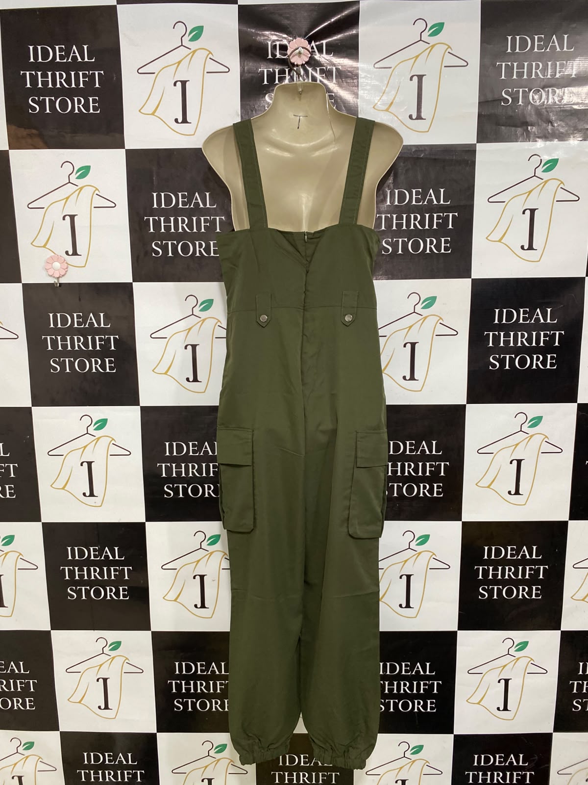 |XS| BUST 17| A45| OLIVE GREEN CARGO UTILITY OVERALLS JUMPSUIT