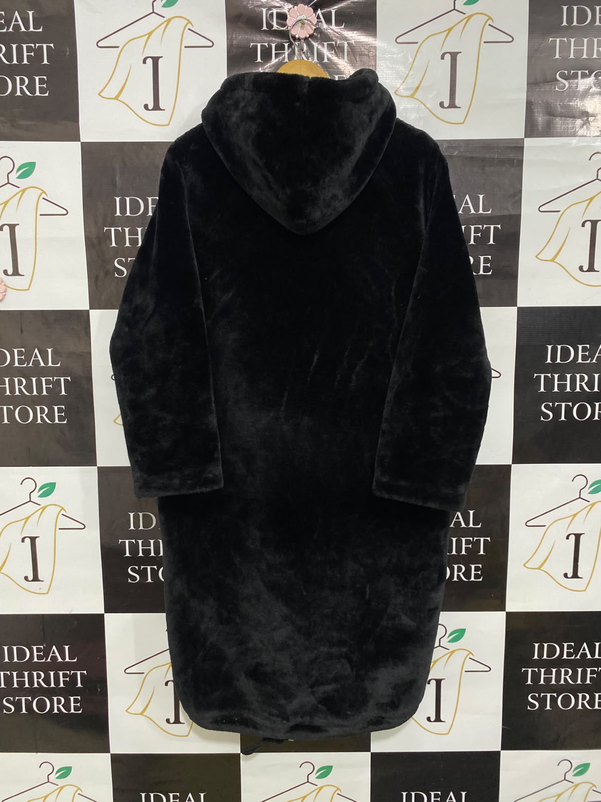MONKI |XS| BUST 21| A45| BLACK FAUX-FUR HOODED TECHNICAL UTILITY MAXI COAT