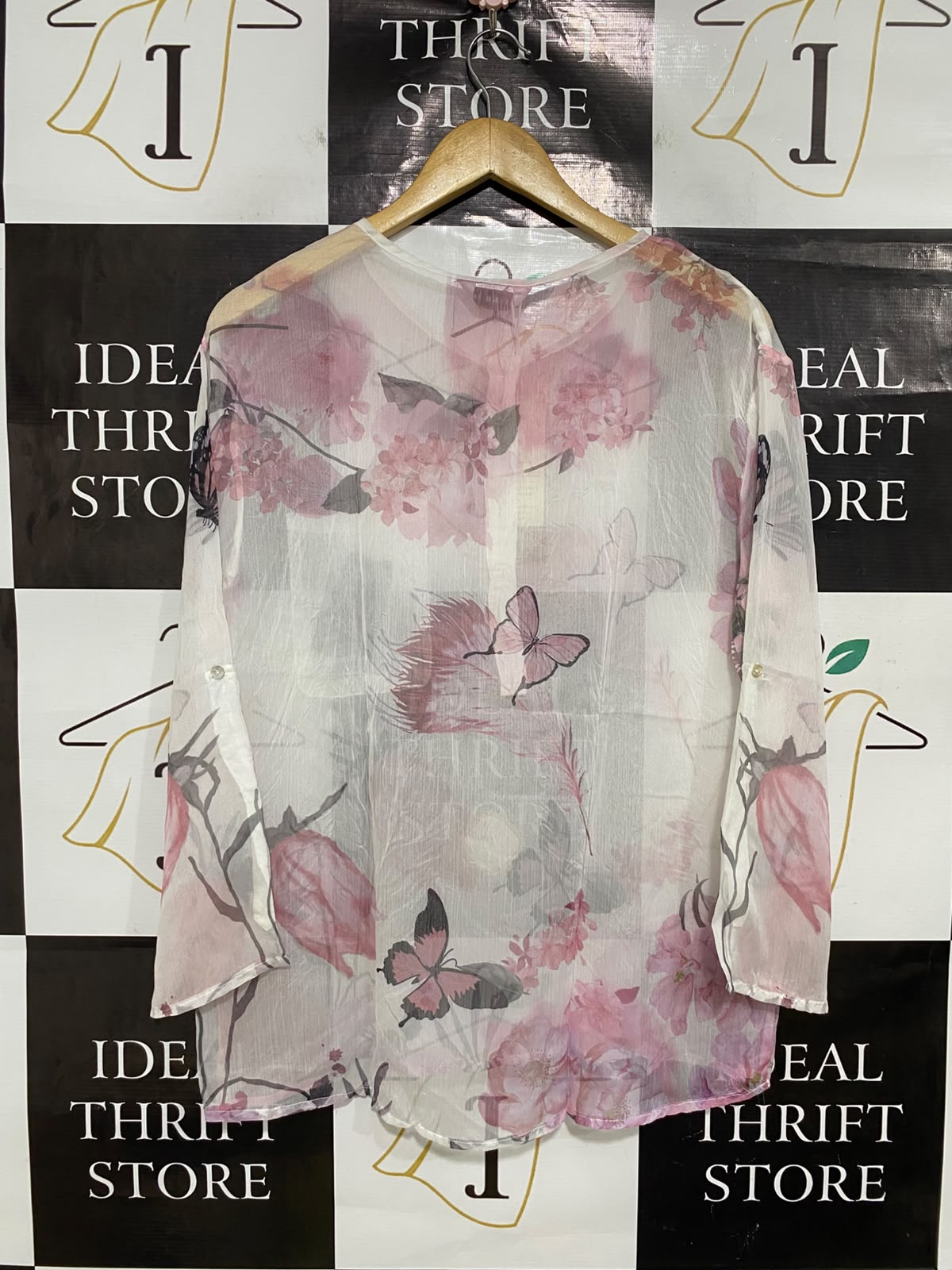 TENDENCY |S| BUST 20| A45| WHITE AND PINK BUTTERFLY FLORAL SHEER TECHNICAL UTILITY BLOUSE