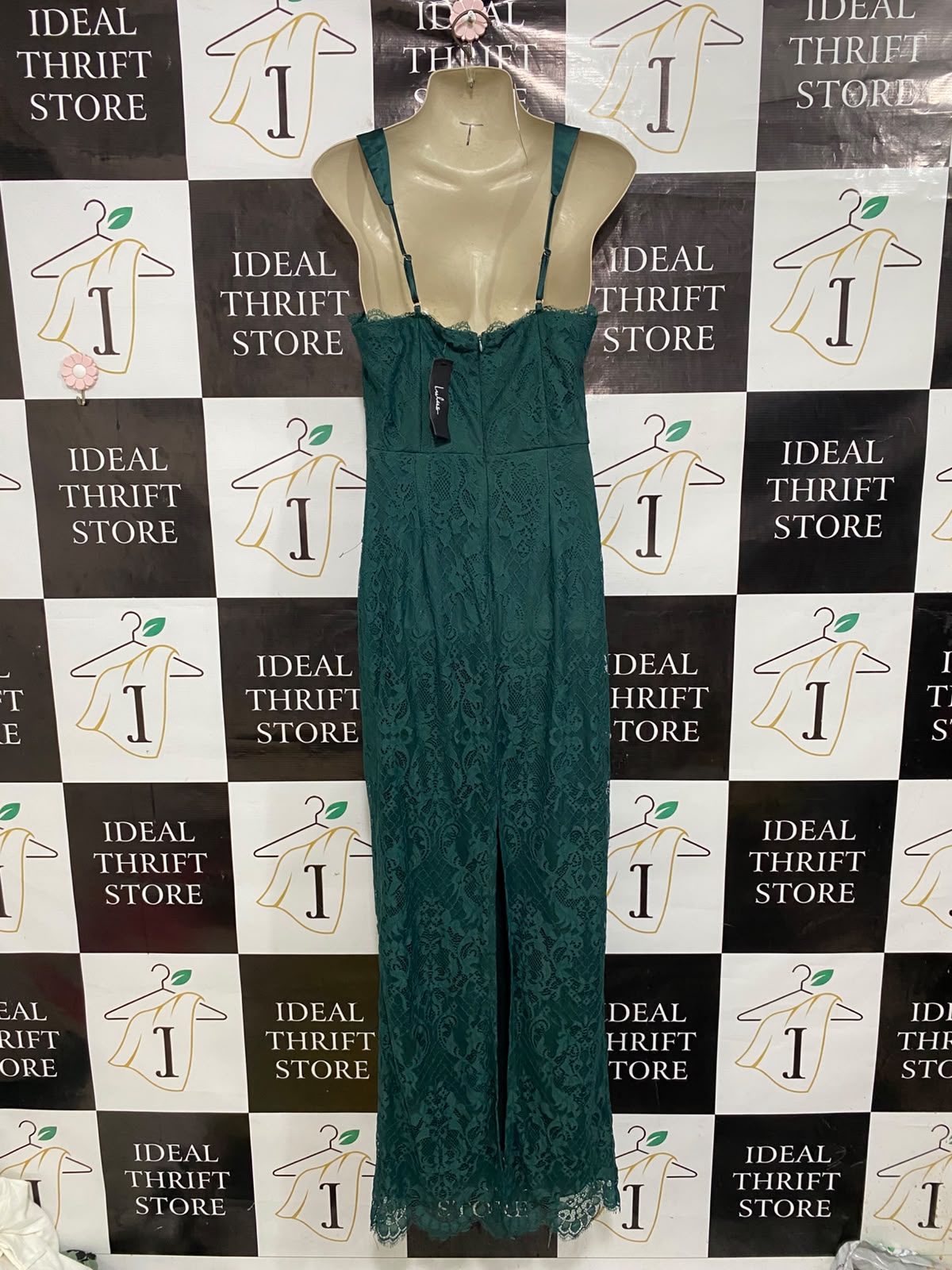 LULUS |M| BUST 16| A45| DARK GREEN LACE CORSET-STYLE TECHNICAL UTILITY MAXI DRESS
