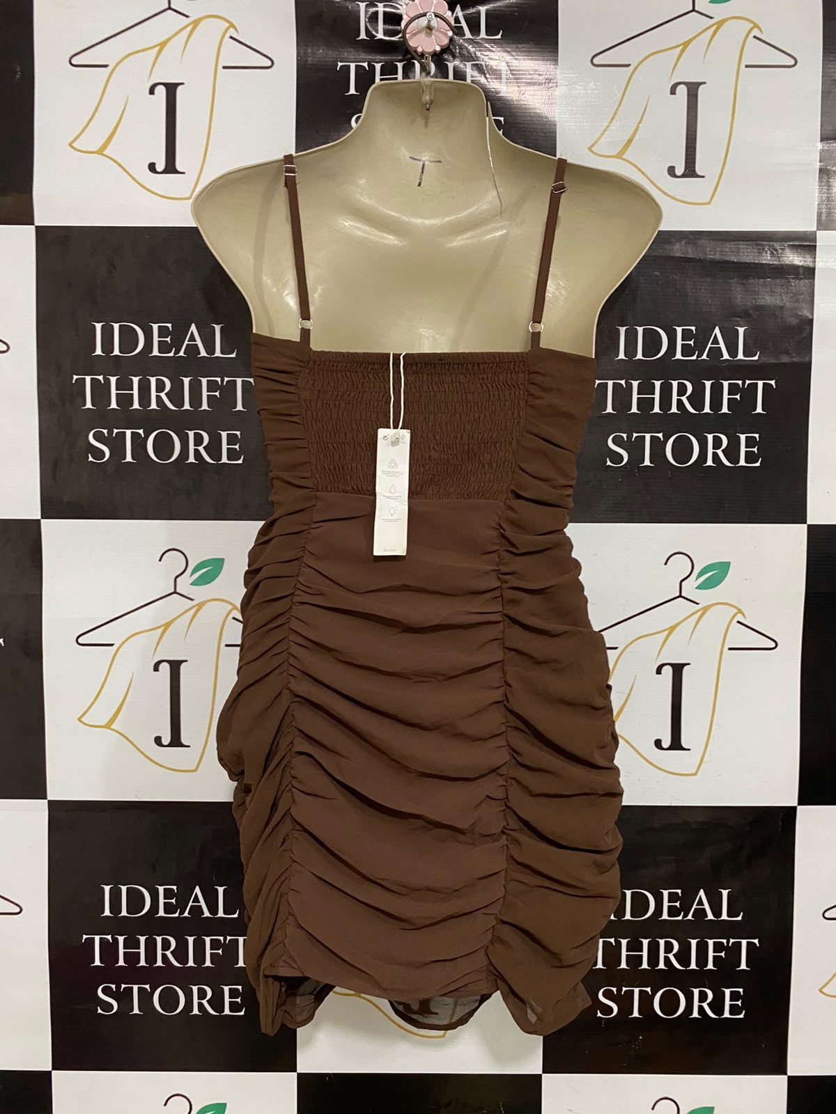 BERSHKA |S| BUST 15| A47| BROWN RUCHED BODYCON TECHNICAL UTILITY MINI DRESS