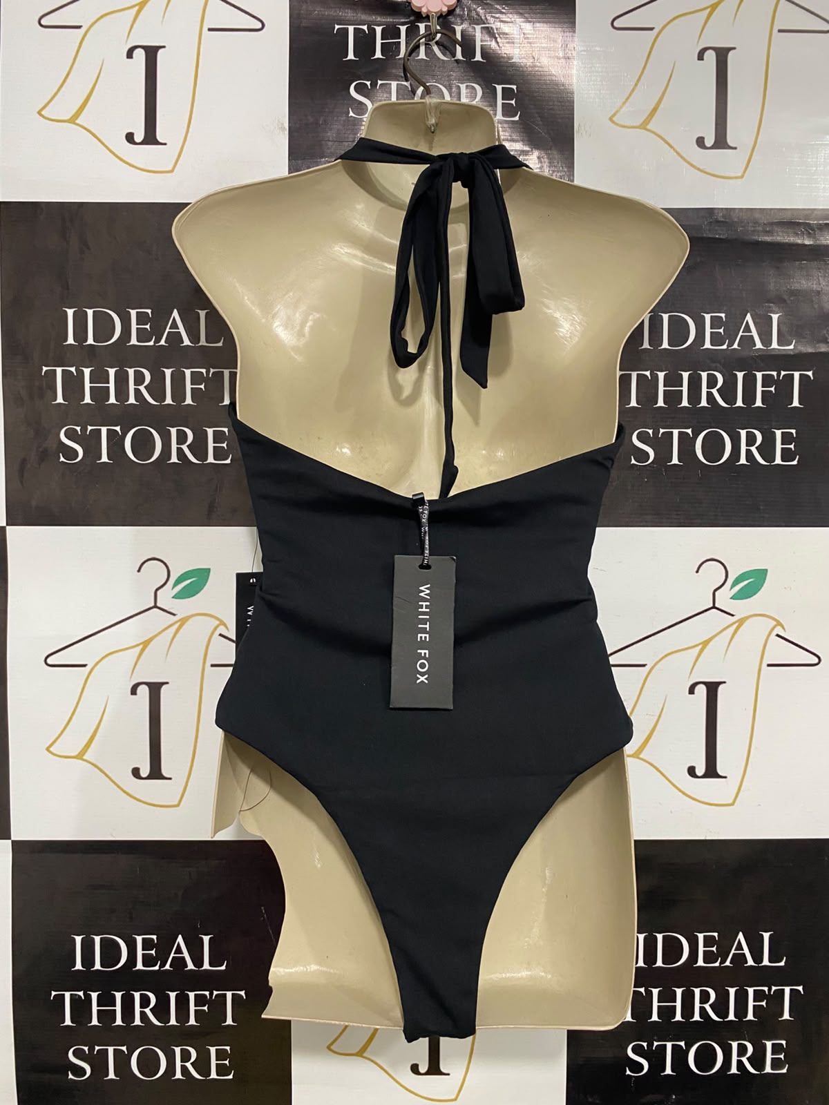 WHITE FOX |M| BUST 15| A46| BLACK WHITE FOX HALTER-STYLE TECHNICAL UTILITY BODYSUIT