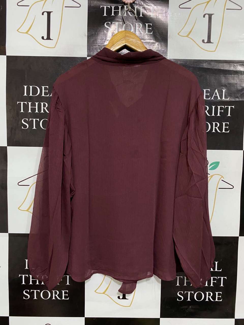 ANKO |XL| BUST 24| A48| BURGUNDY TIE-NECK LONG-SLEEVE TECHNICAL UTILITY BLOUSE