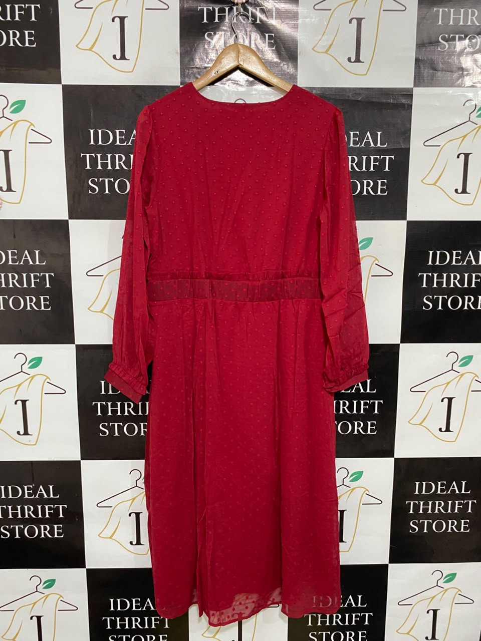 ISAAC MIZRAHI |XL| BUST 21| A48| CRIMSON SWISS-DOT LONG-SLEEVE TECHNICAL UTILITY MIDI DRESS