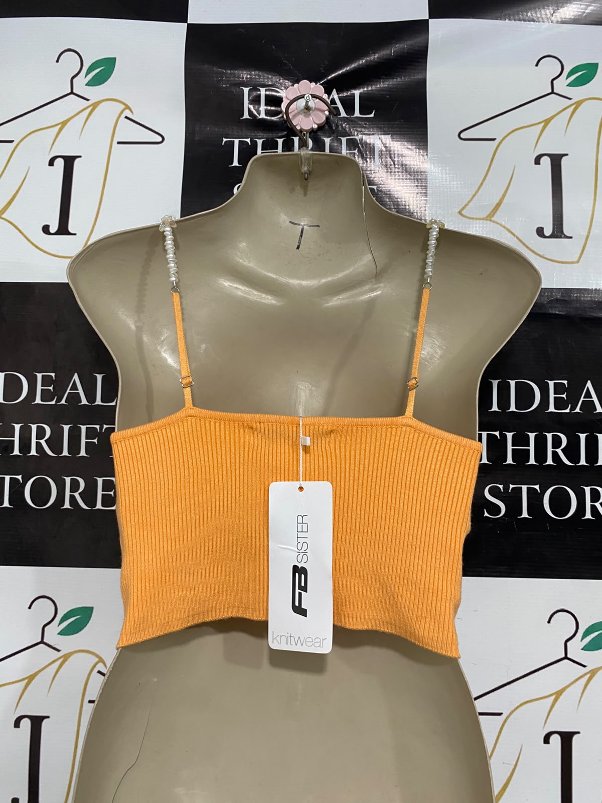 FB SISTER KNIT WEAR |S| BUST 15| A50| ORANGE RIBBED CROP TOP WITH PEARL BEADED STRAPS