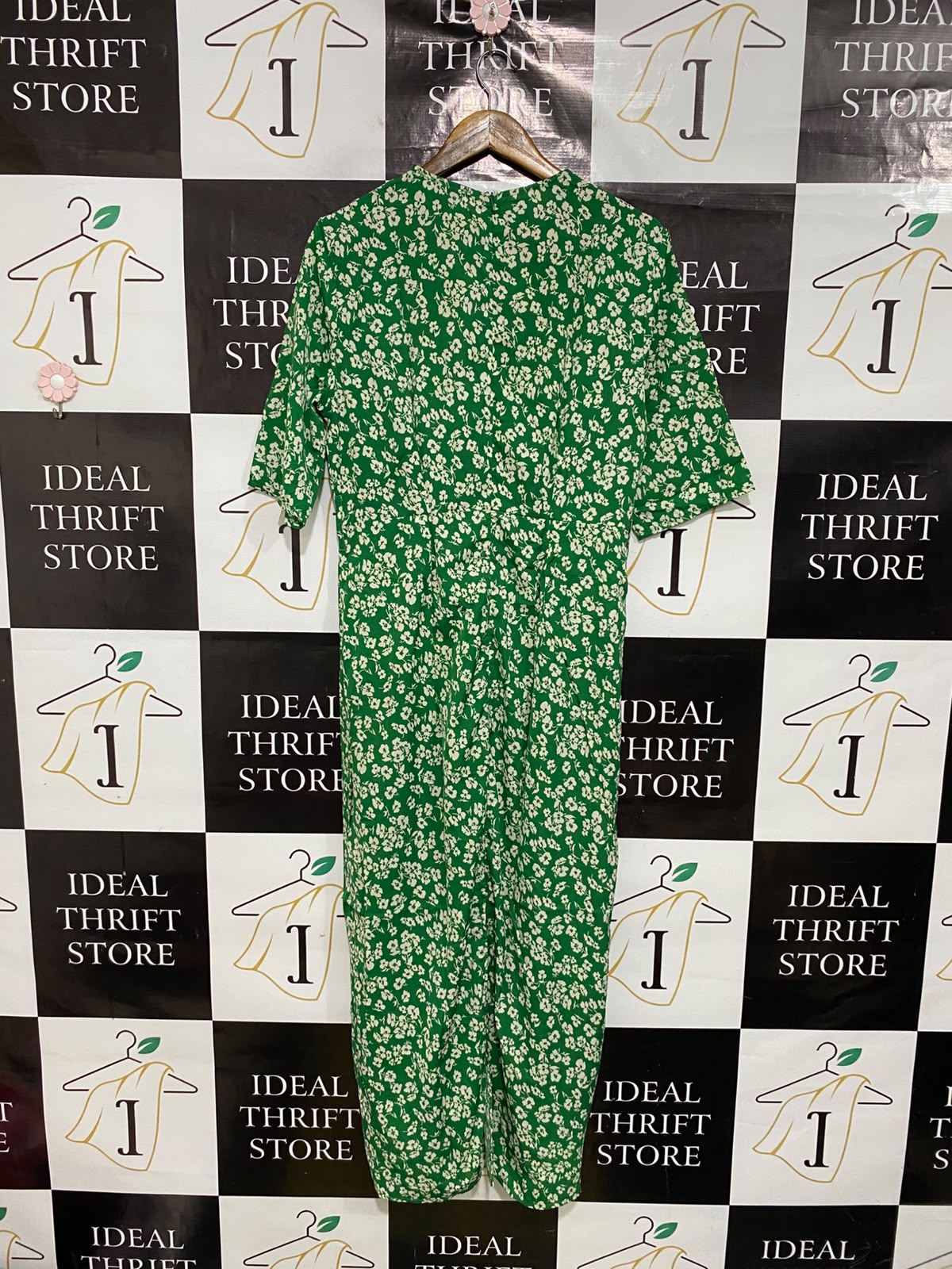 ELLA |XL| BUST 20| A50| GREEN AND WHITE FLORAL PRINT V-NECK TECHNICAL UTILITY MIDI DRESS