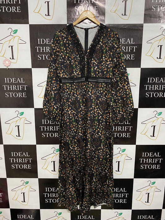 |M| BUST 18| A50| BLACK AND BROWN Ditsy FLORAL V-NECK TECHNICAL UTILITY MIDI DRESS