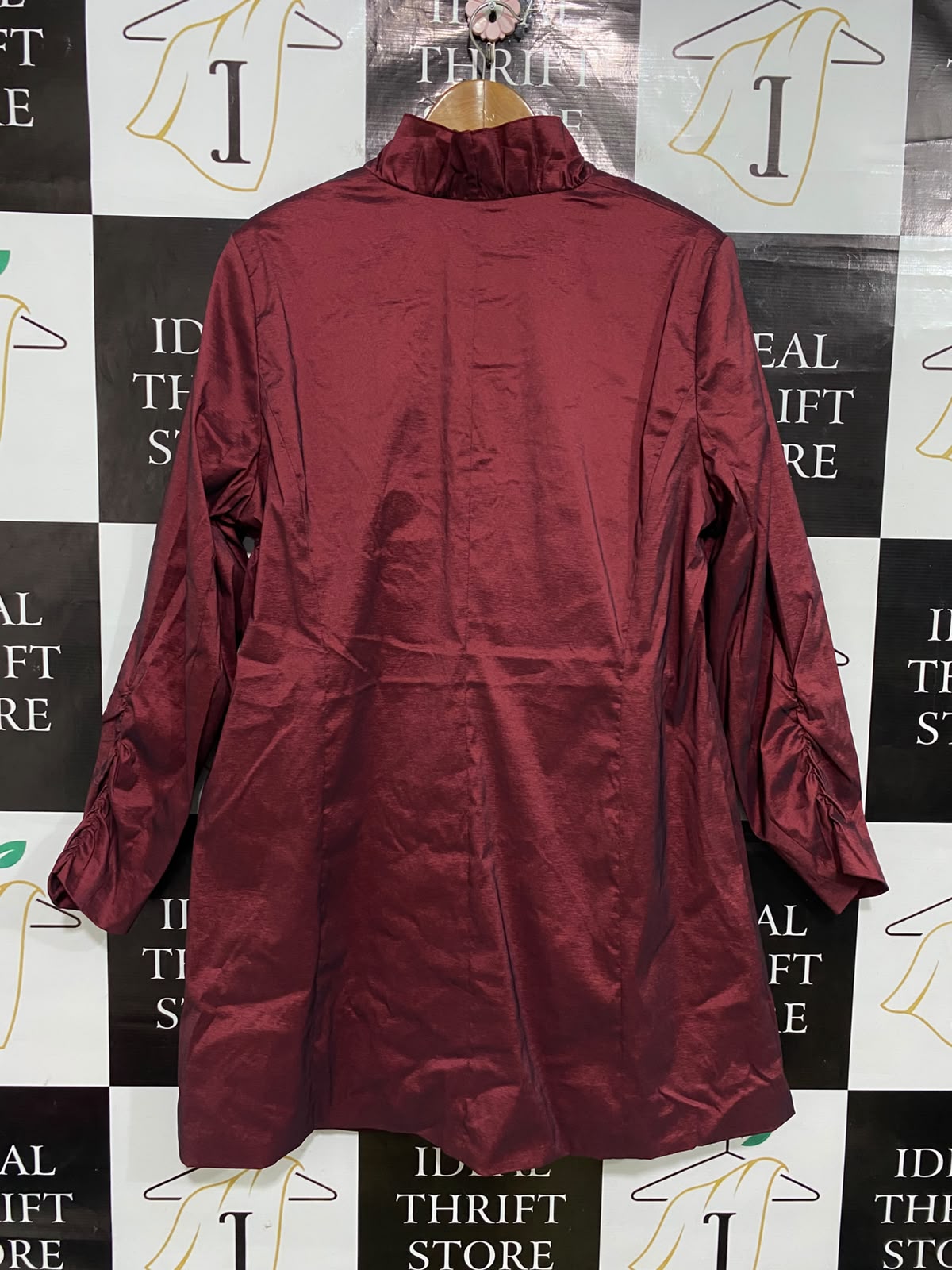 ULLA POPKEN |L| BUST 22| A52| BURGUNDY RUFFLED-COLLAR TECHNICAL UTILITY LONG JACKET