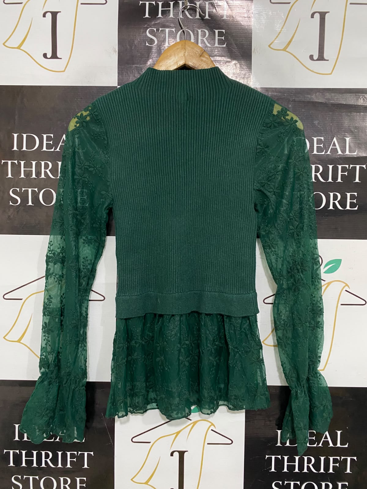RIVER ISLAND |M| BUST 11| A51| EMERALD GREEN LACE-ACCENT MOCK-NECK TECHNICAL UTILITY TOP