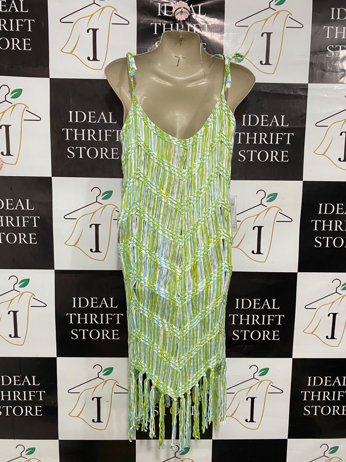 MANOSQUE |M| BUST 17| A51| MULTICOLOR CROCHET FRINGE TIE-STRAP TECHNICAL UTILITY BEACH DRESS
