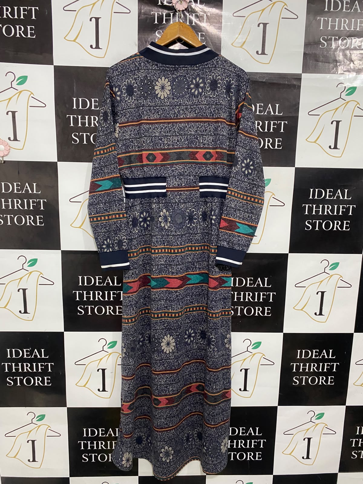 QP |L| BUST 19| A51| NAVY PRINTED LONG-SLEEVE TECHNICAL UTILITY MAXI DRESS