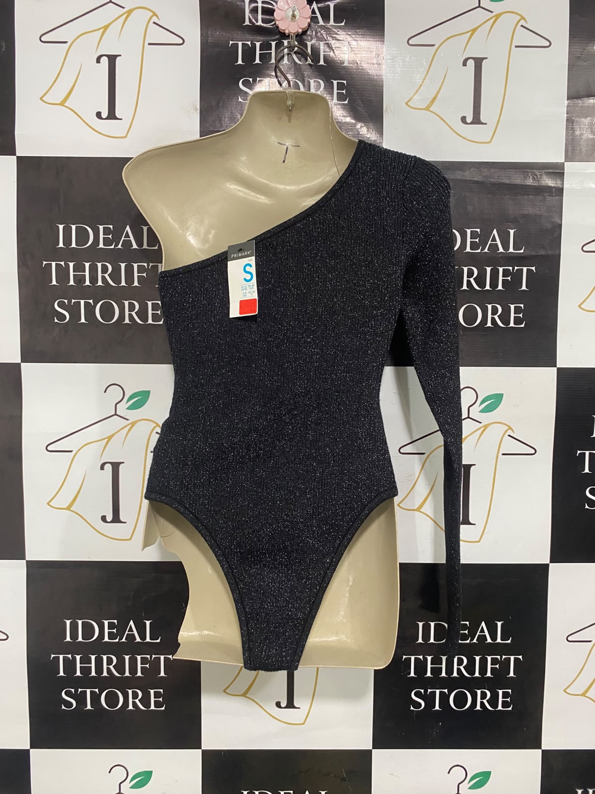 PRIMARK |S| BUST 15| A51| BLACK GLITTER ONE-SHOULDER TECHNICAL UTILITY BODYSUIT