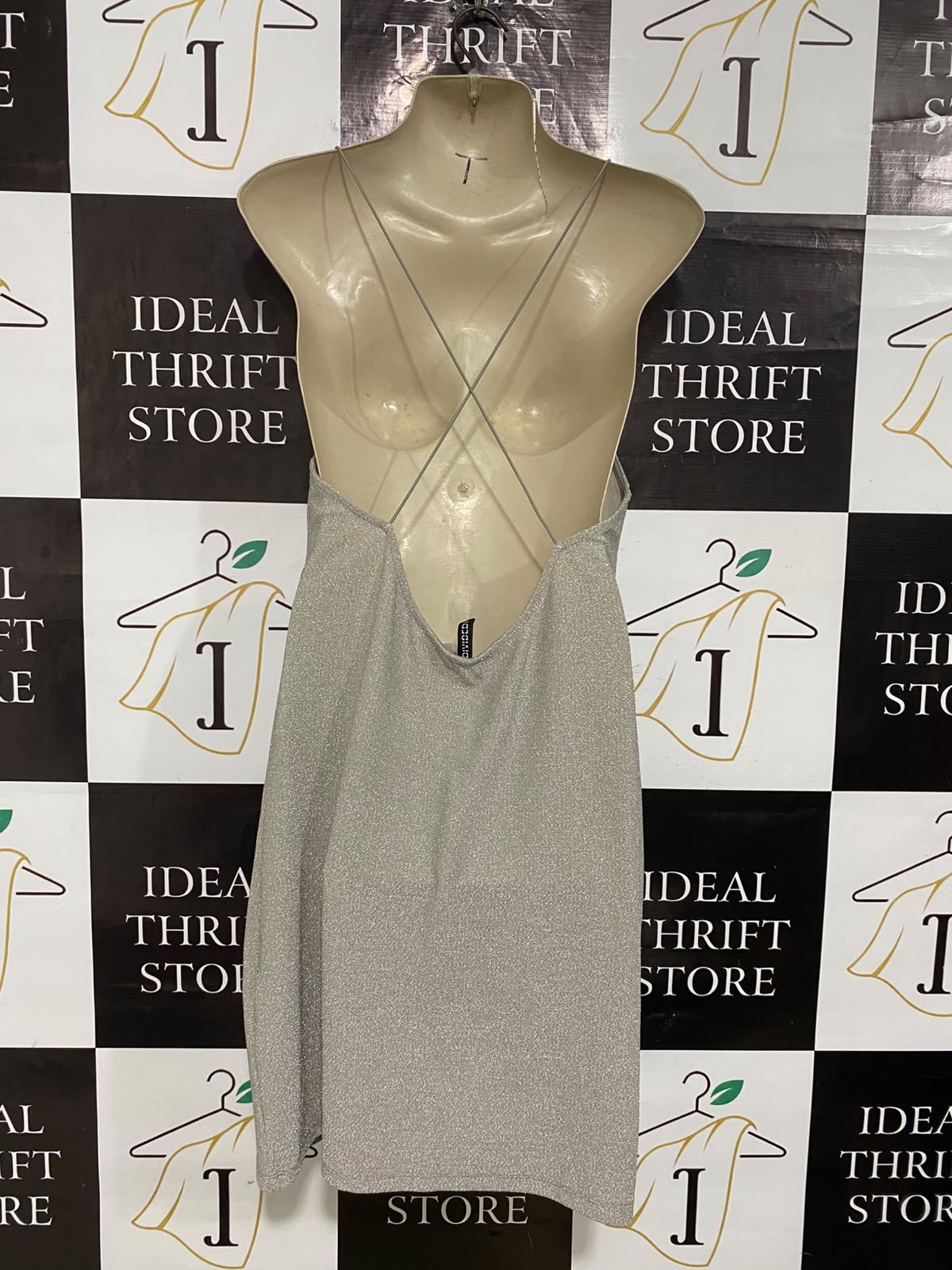 H&M |L| BUST 18| A53| SILVER GLITTER SPAGHETTI-STRAP TECHNICAL UTILITY MINI DRESS