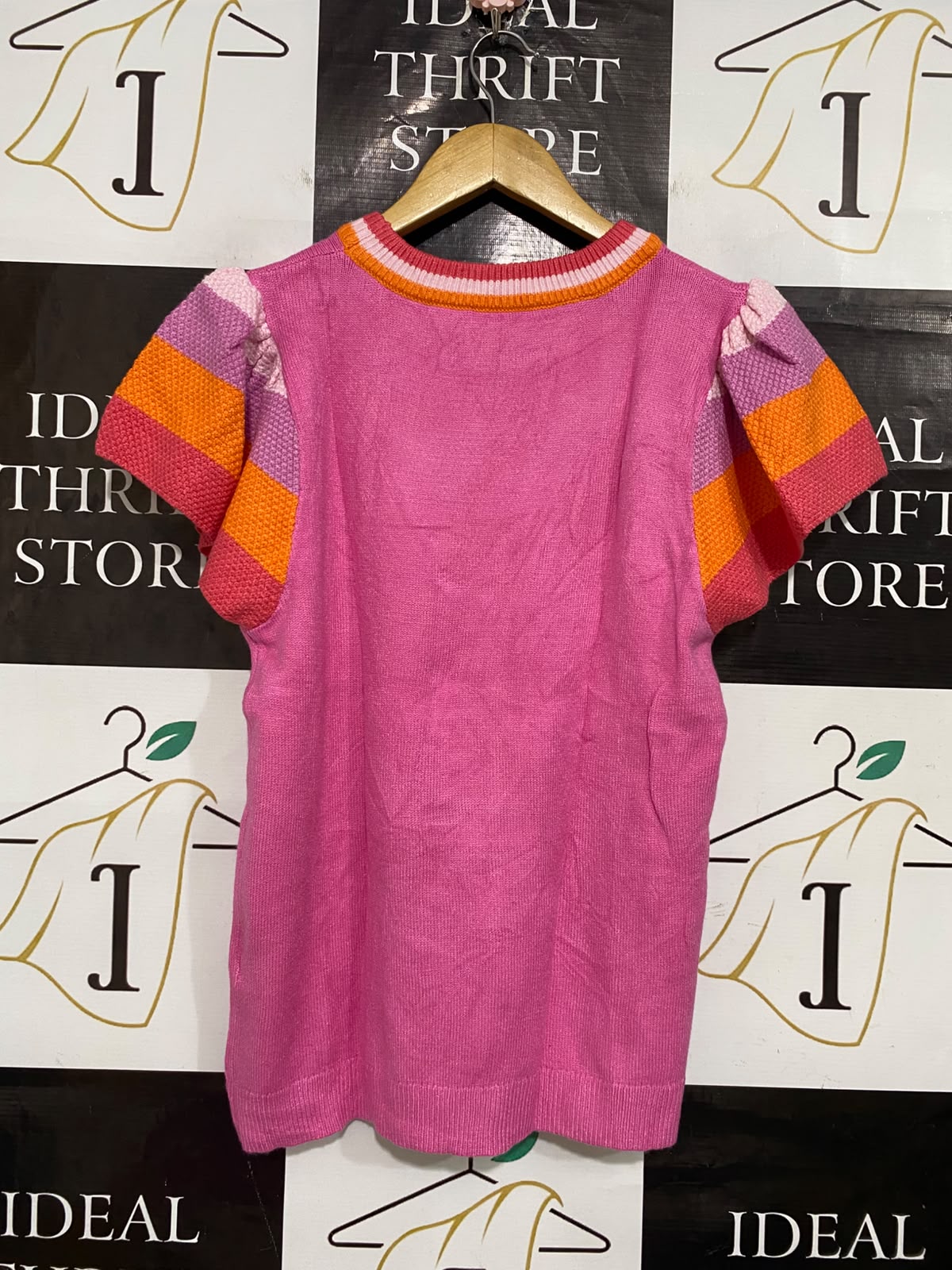 |S| BUST 18| A53| PINK MULTICOLOR STRIPED SLEEVE TECHNICAL UTILITY KNIT TOP