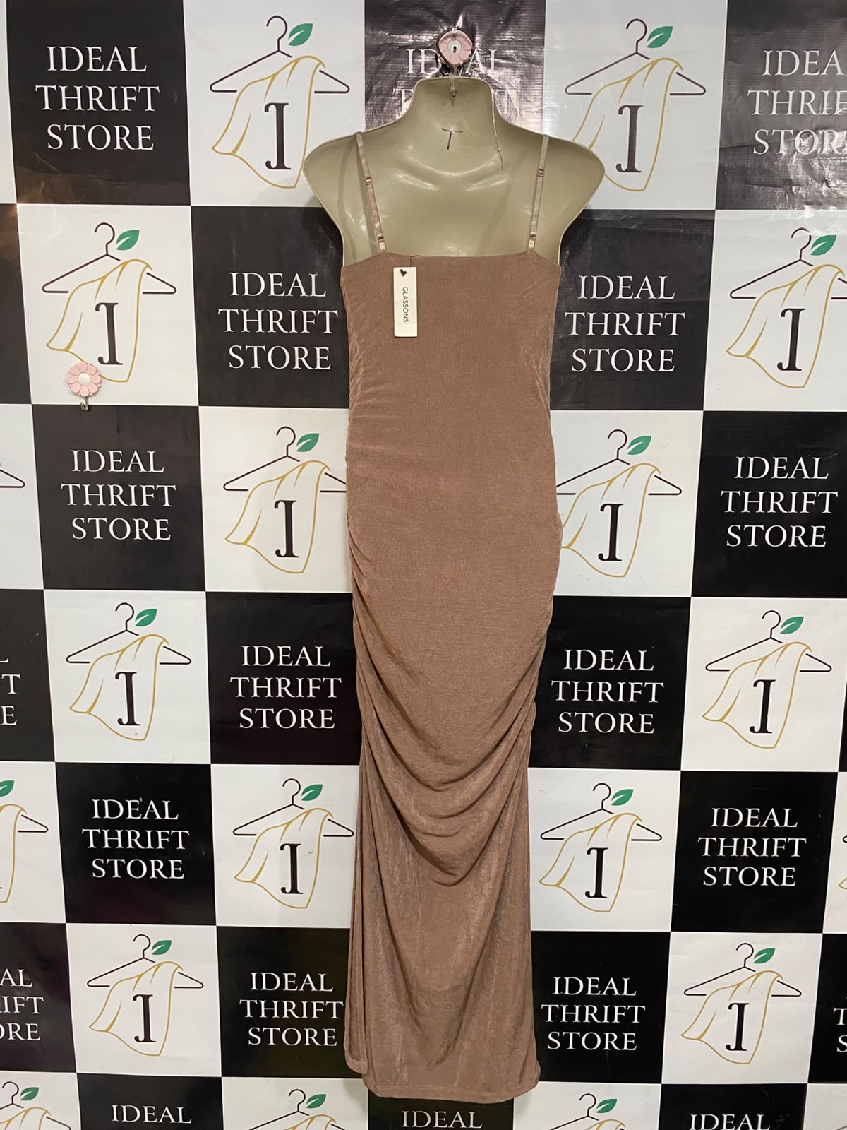 GLASSONS |S| BUST 15| A53|NUDE SHIMMER COWL-NECK RUCHED TECHNICAL UTILITY MAXI DRESS