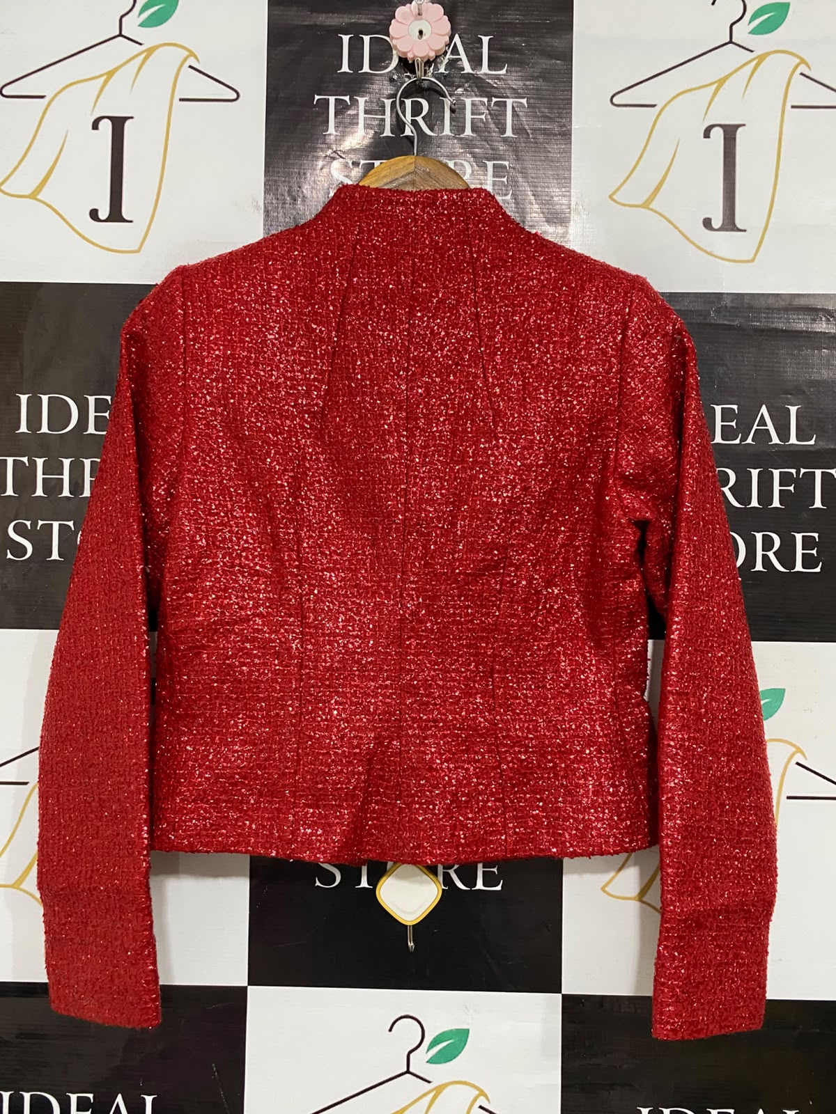 D DUE |S| BUST 17| A53| RED METALLIC TWEED OPEN-FRONT TECHNICAL UTILITY BLAZER