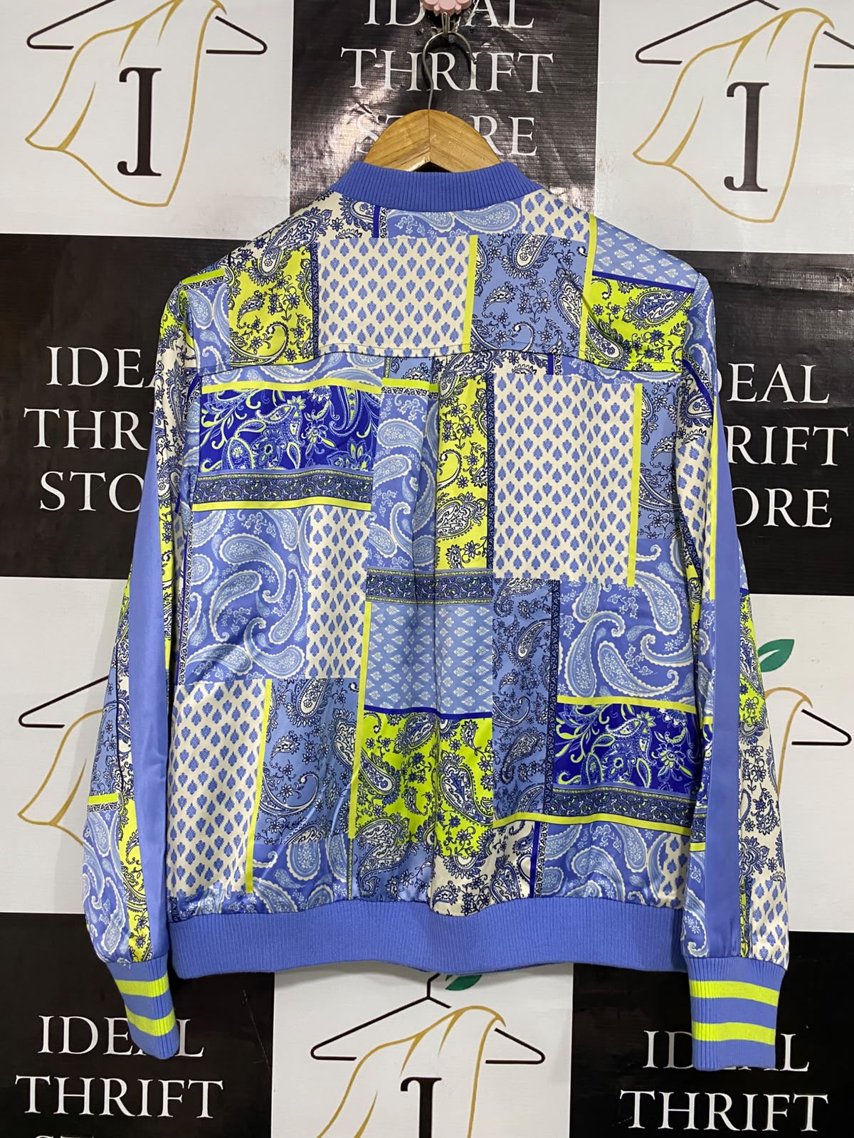 RUTH LANGSFORA |M| BUST 21| A53| BLUE AND LIME PATCHWORK PAISLEY FULL-ZIP TECHNICAL UTILITY BOMBER JACKET