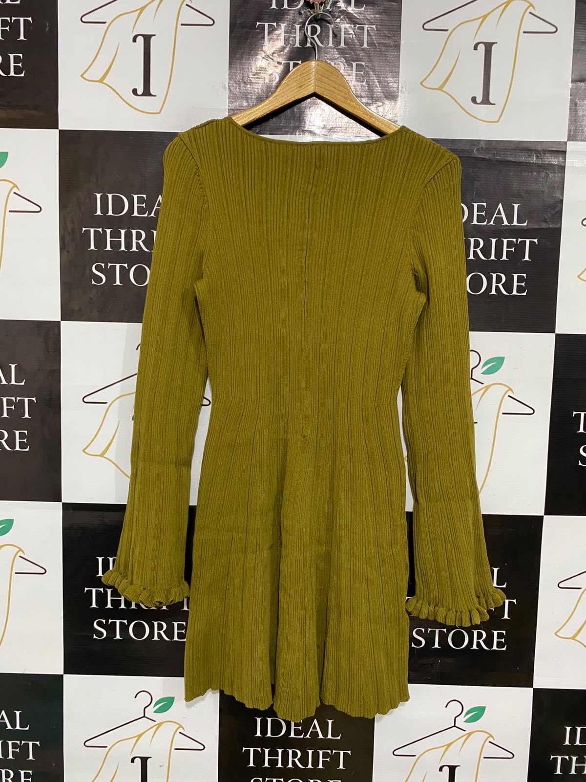H&M |L| BUST 15| A52| OLIVE GREEN RIBBED TIE-FRONT BELL-SLEEVE TECHNICAL UTILITY DRESS