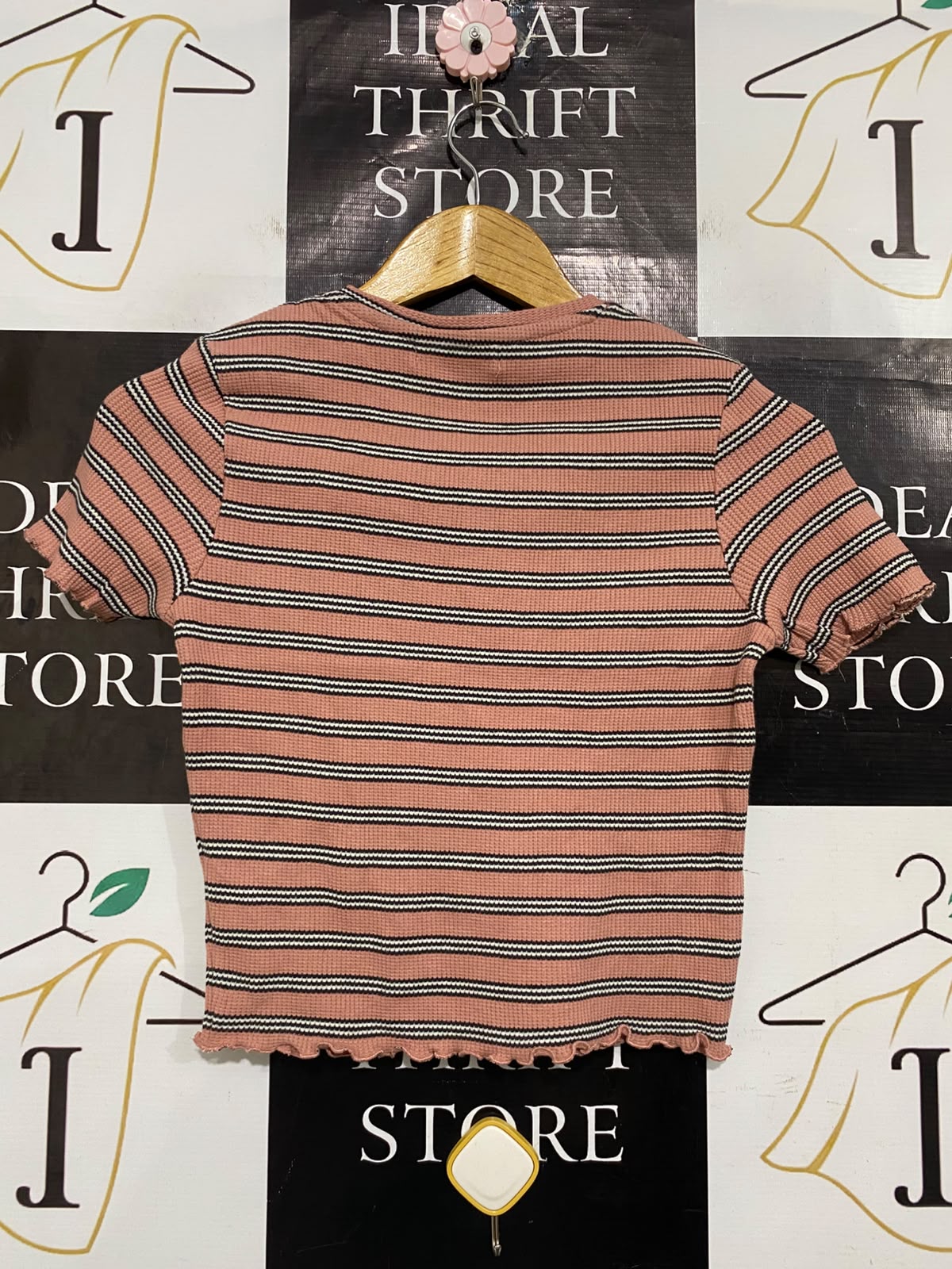 PULL & BEAR |M| BUST 14| A52| PINK AND MULTI STRIPED PULL&BEAR LETTUCE-EDGE TECHNICAL UTILITY T-SHIRT
