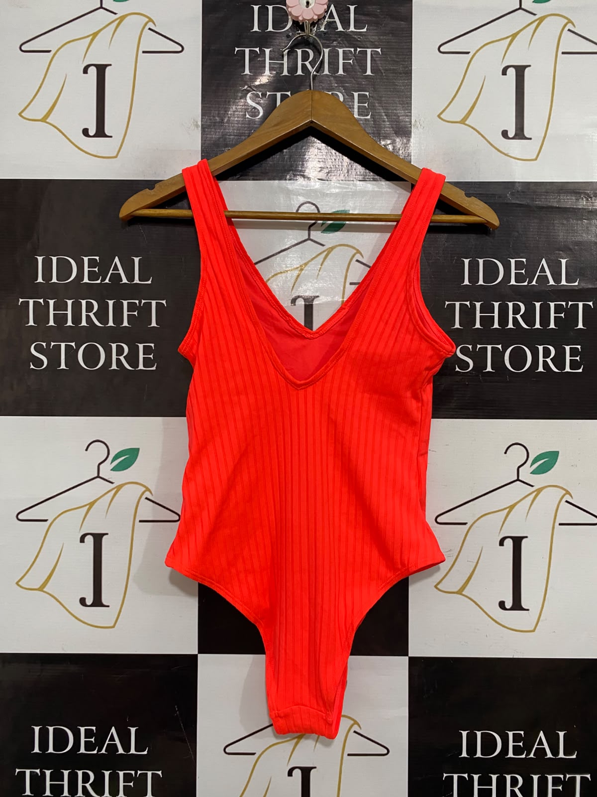 PRIMARK |S| BUST 14| A54| BRIGHT RED V-NECK RIBBED TECHNICAL UTILITY BODYSUIT