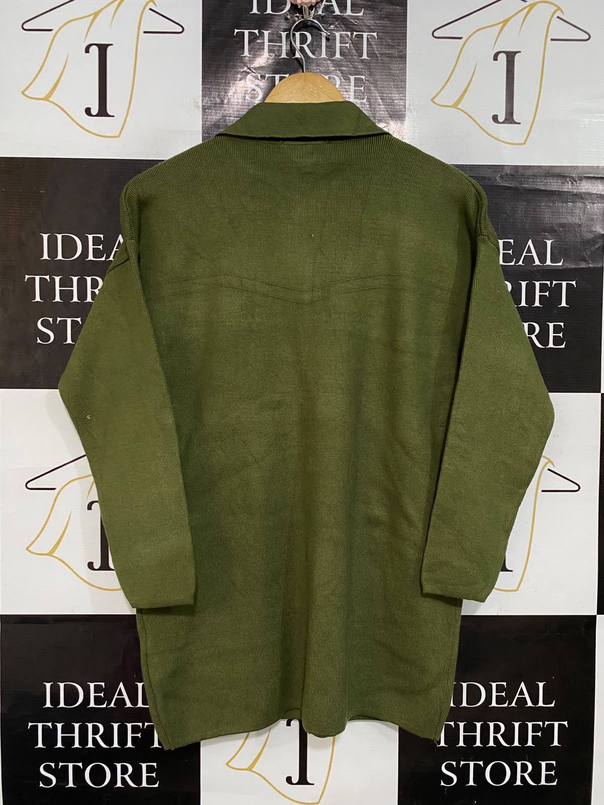 MILLENIUM |L| BUST 20| A54| OLIVE GREEN COLLARED BUTTON-FRONT MULTI-POCKET TECHNICAL UTILITY KNIT SHIRT JACKET