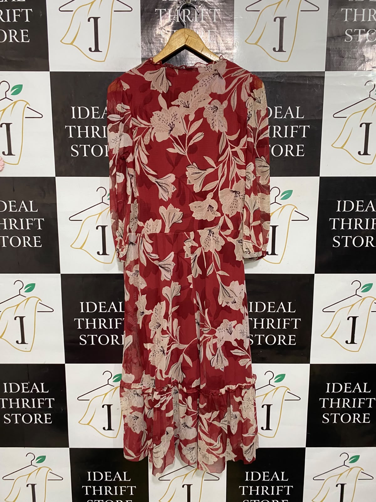 PRINCIPLES |M| BUST 17| A54| RED AND BEIGE FLORAL-PRINT V-NECK TECHNICAL UTILITY MIDI DRESS