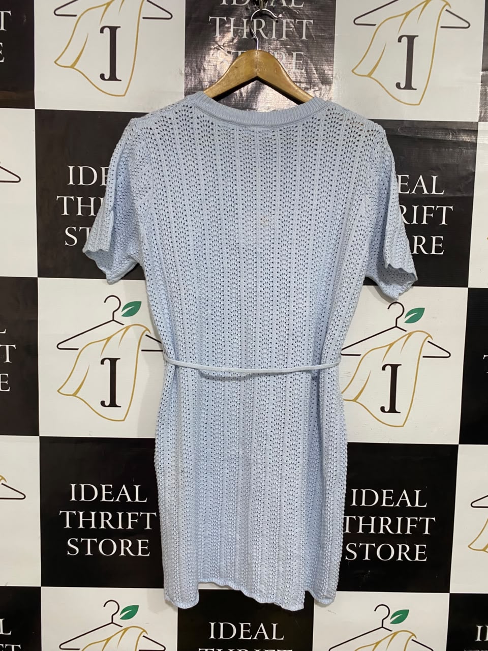 MINNIR & CO |M/L| BUST 20| A55| LIGHT BLUE OPEN-KNIT TIE-WAIST TECHNICAL UTILITY DRESS