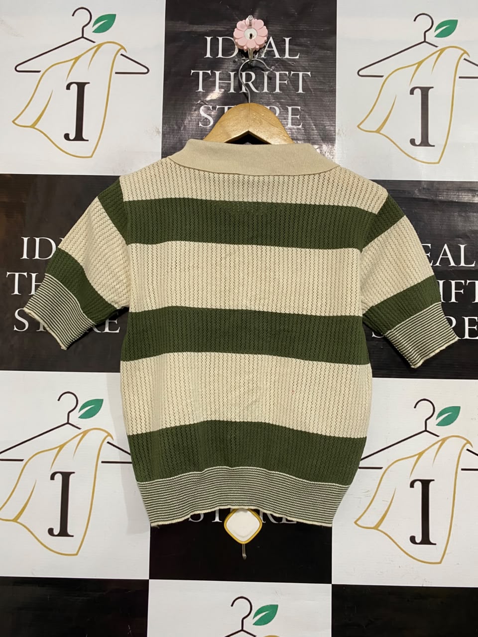 CHANEL |M| BUST 17| A55| OLIVE AND BEIGE STRIPED BUTTON-FRONT TECHNICAL UTILITY POLO SHIRT