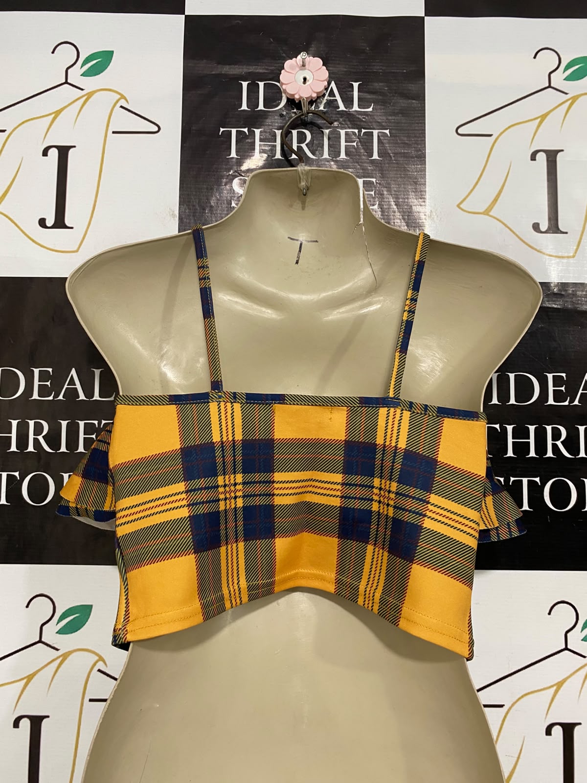 MISSI |S| BUST 14| A56| YELLOW AND NAVY PLAID RUFFLE-OFF-SHOULDER TECHNICAL UTILITY CROP TOP