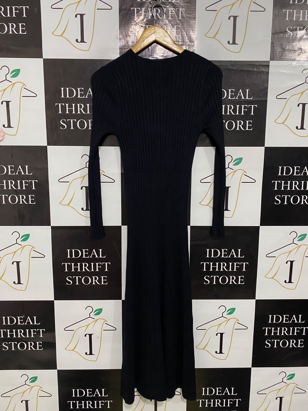 DANNII MINOGUE |XS| BUST 12| A56| BLACK RIBBED KNIT LONG-SLEEVE MIDI DRESS