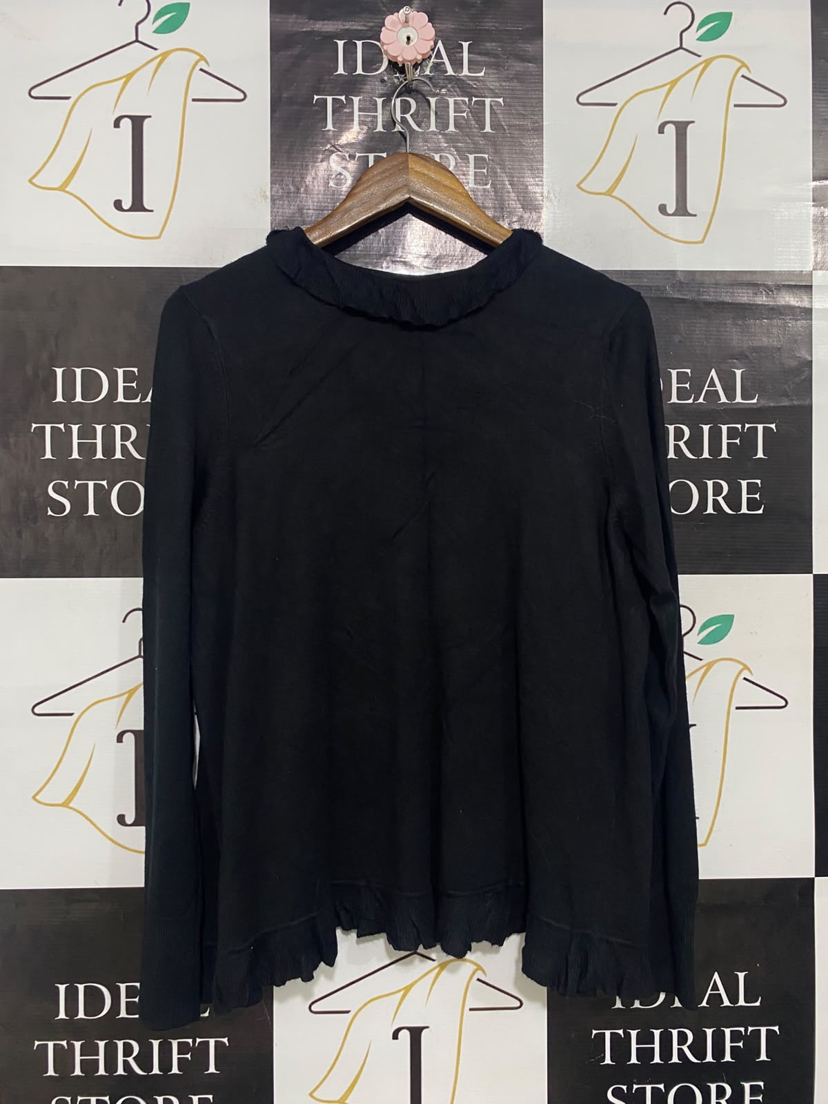 KATIES |L| BUST 20| A56| BLACK RUFFLE-TRIM OPEN-FRONT TECHNICAL UTILITY CARDIGAN