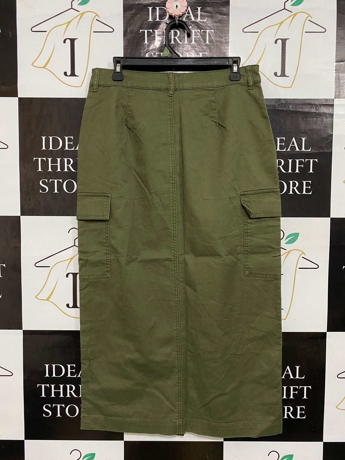 WELL WORM |L| WAIST 32| A57| OLIVE GREEN CARGO-POCKET TECHNICAL UTILITY MIDI SKIRT