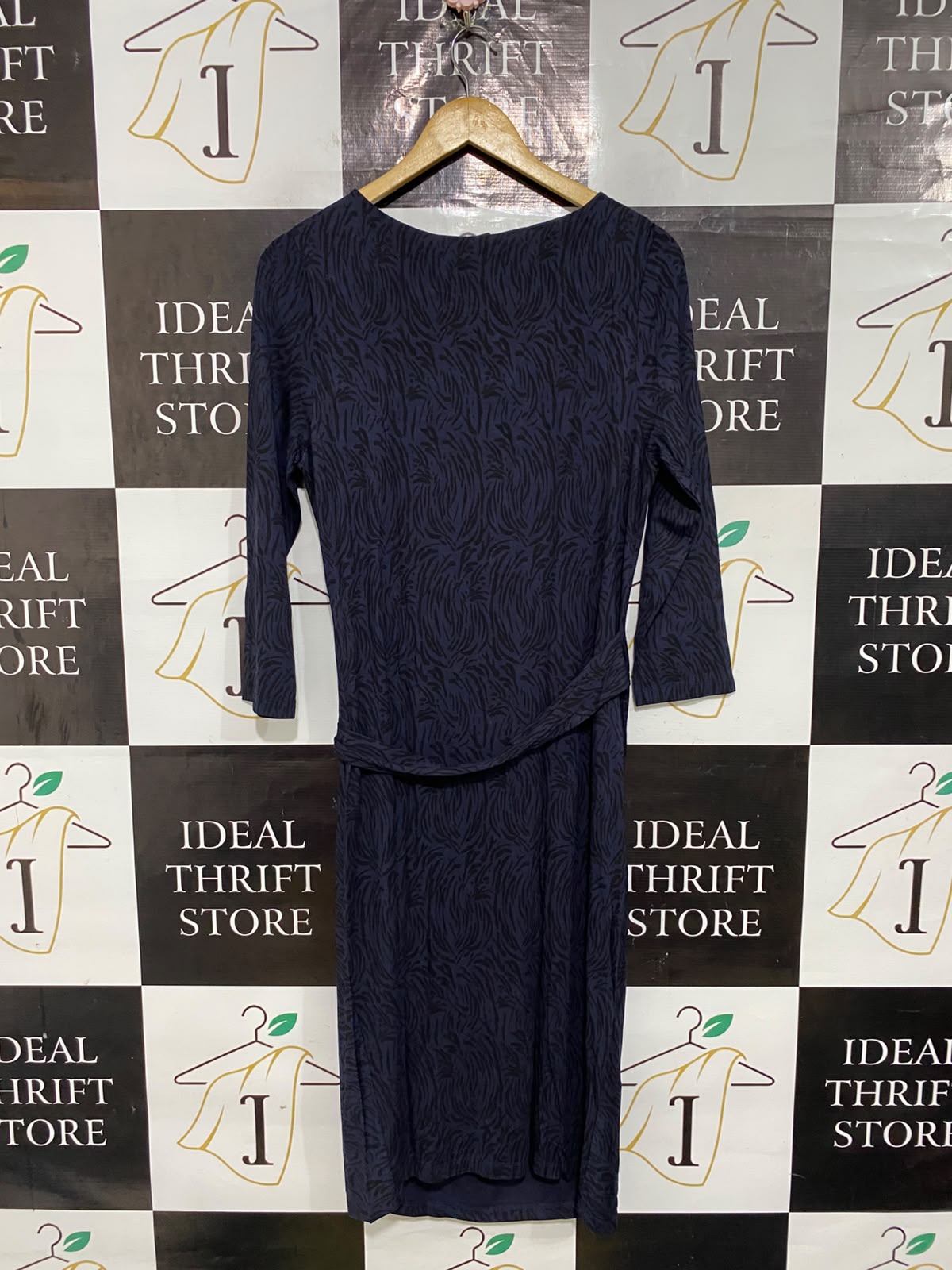 DAVID LAWRENCE |M| BUST 18| A57| NAVY BLUE ABSTRACT-PRINT KNOT-DETAIL TECHNICAL UTILITY MIDI DRESS
